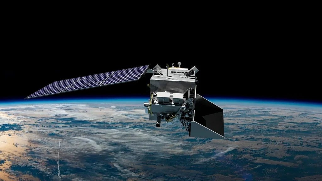 This NASA illustration shows the PACE satellite orbiting Earth. The satellite circles the planet every 98 minutes