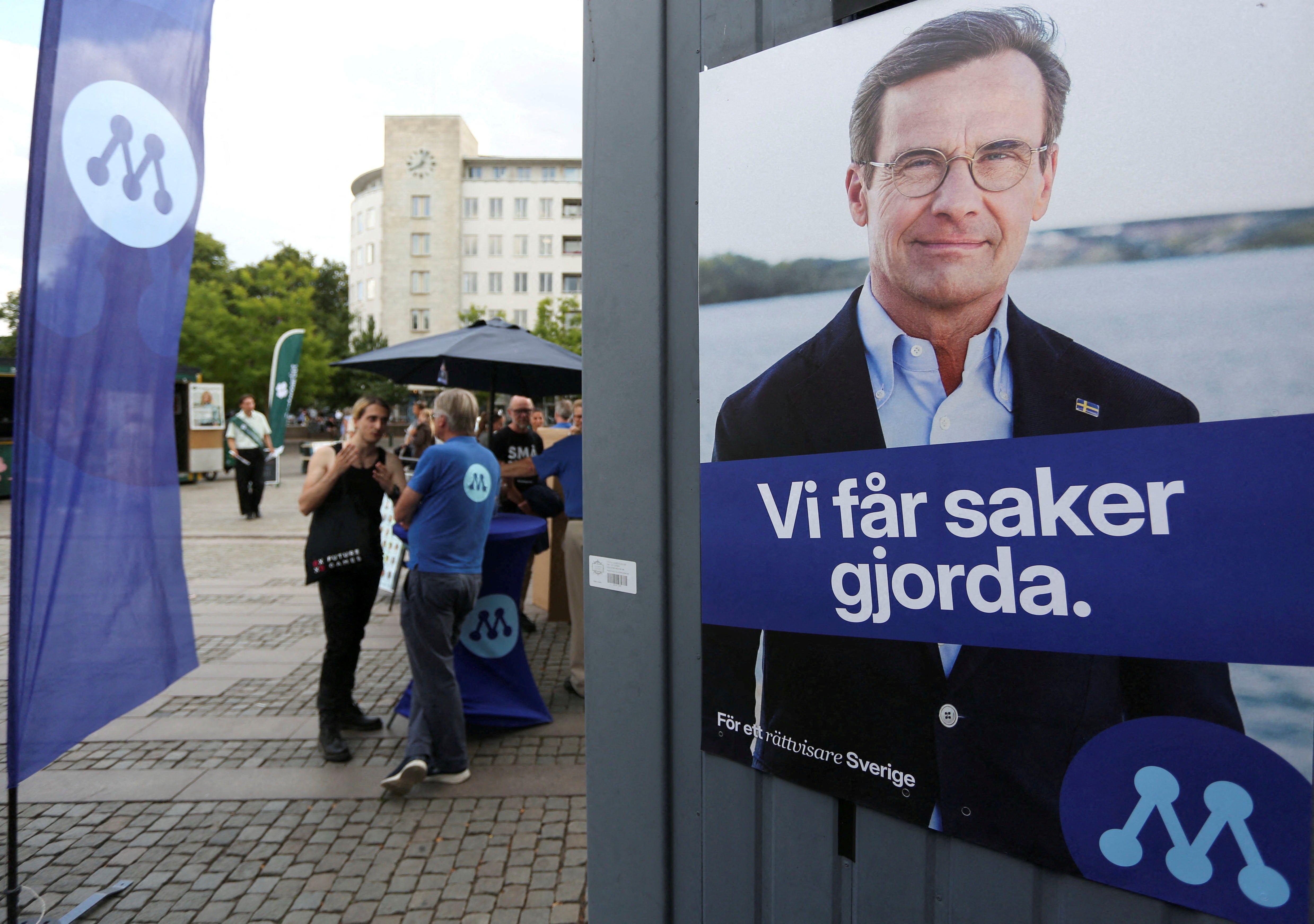 A poster of Swedish Prime Minister and leader of the Moderates Ulf Kristersson on his party’s campaign stand for the upcoming election in Malmo, Sweden, August 26, 2026 (Reuters)