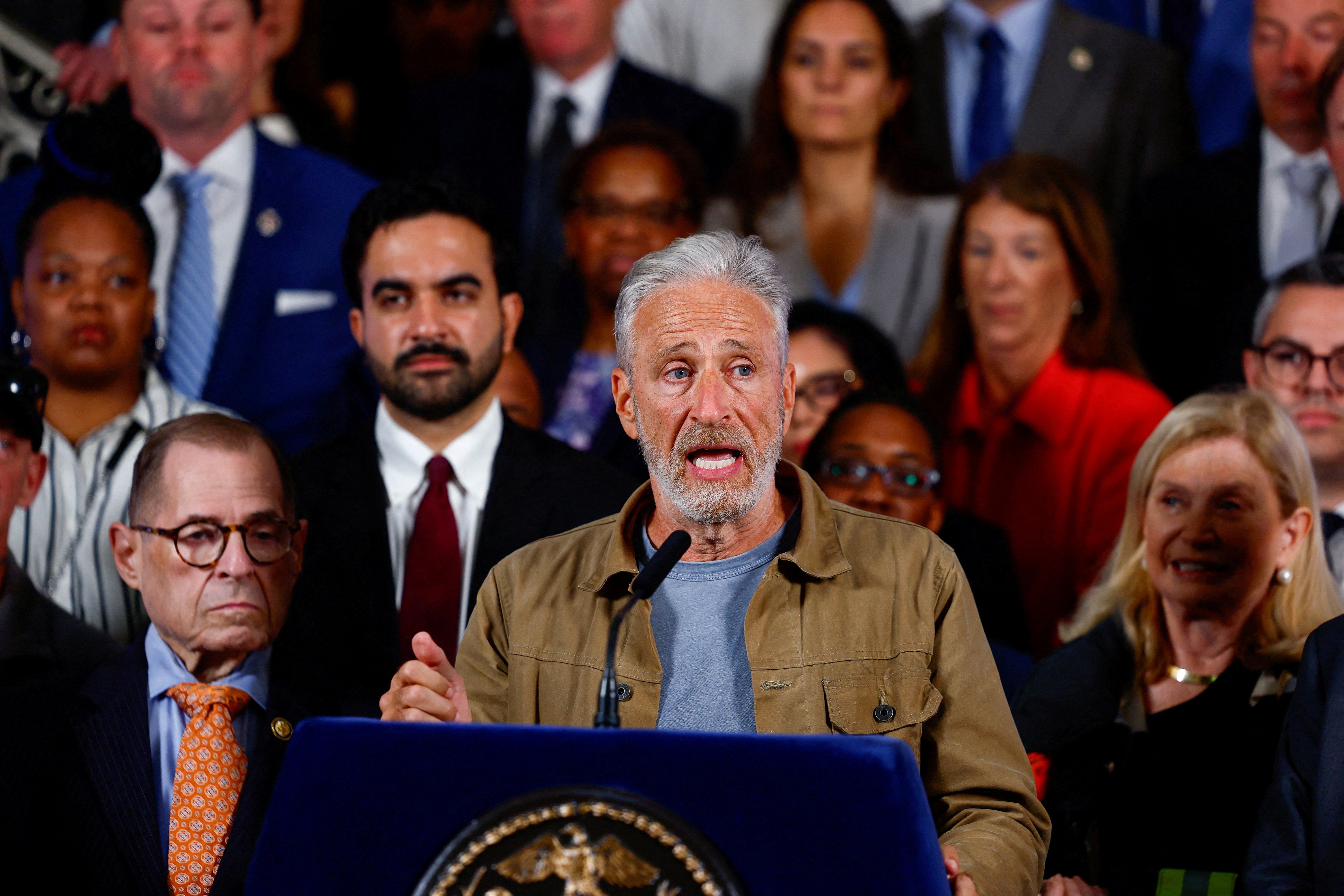 Actor and activist Jon Stewart and New York City Mayor Zohran Mamdani attend a press conference, releasing more than 170,000 pages of previously unreleased records related to air quality in the aftermath of the Sept. 11 attacks (Reuters)