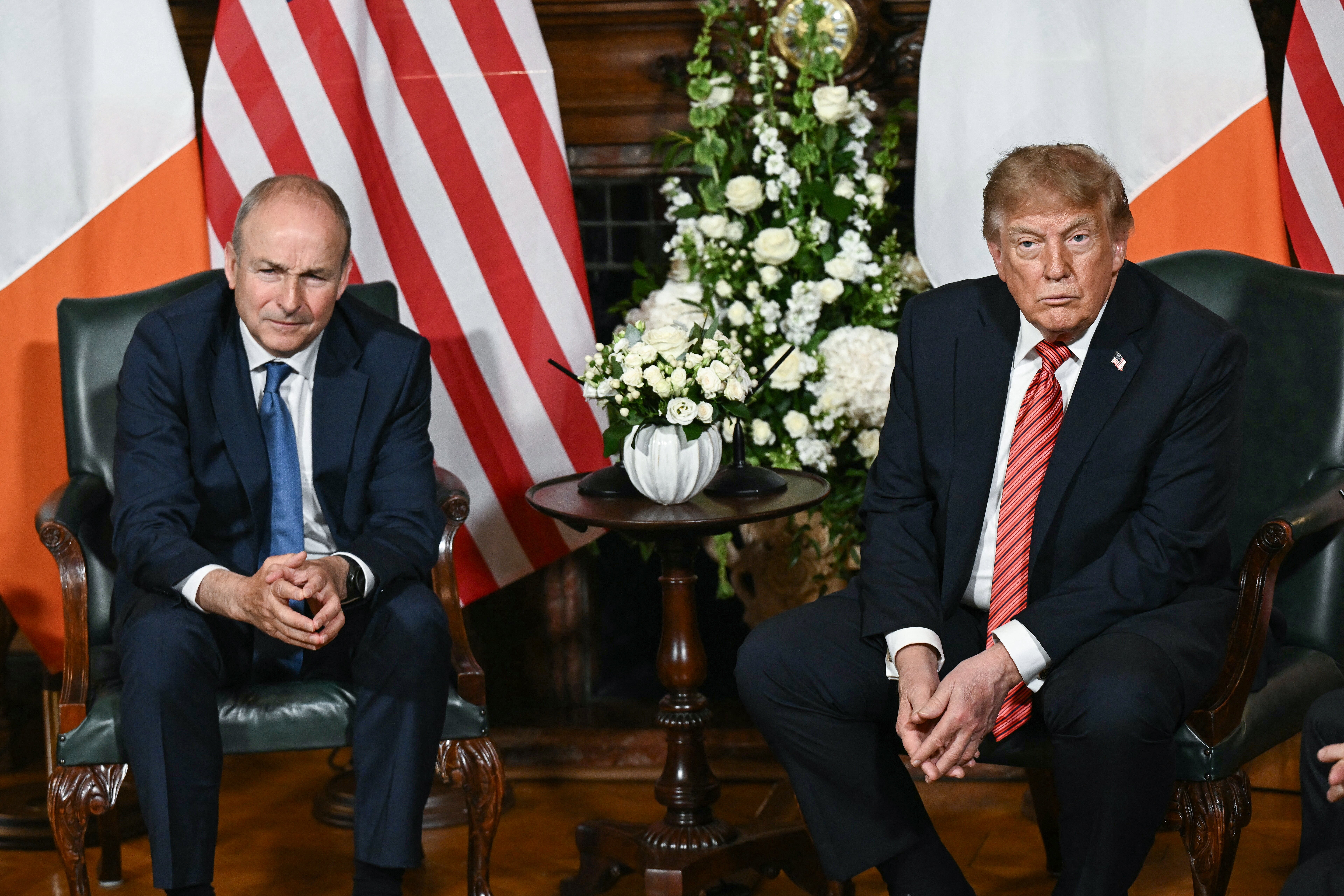 US President Donald Trump (R) and Ireland's Prime Minister Micheál Martin listen to a question from the media at Farmleigh House in Phoenix Park in the Irish capital Dublin on September 12, 2026