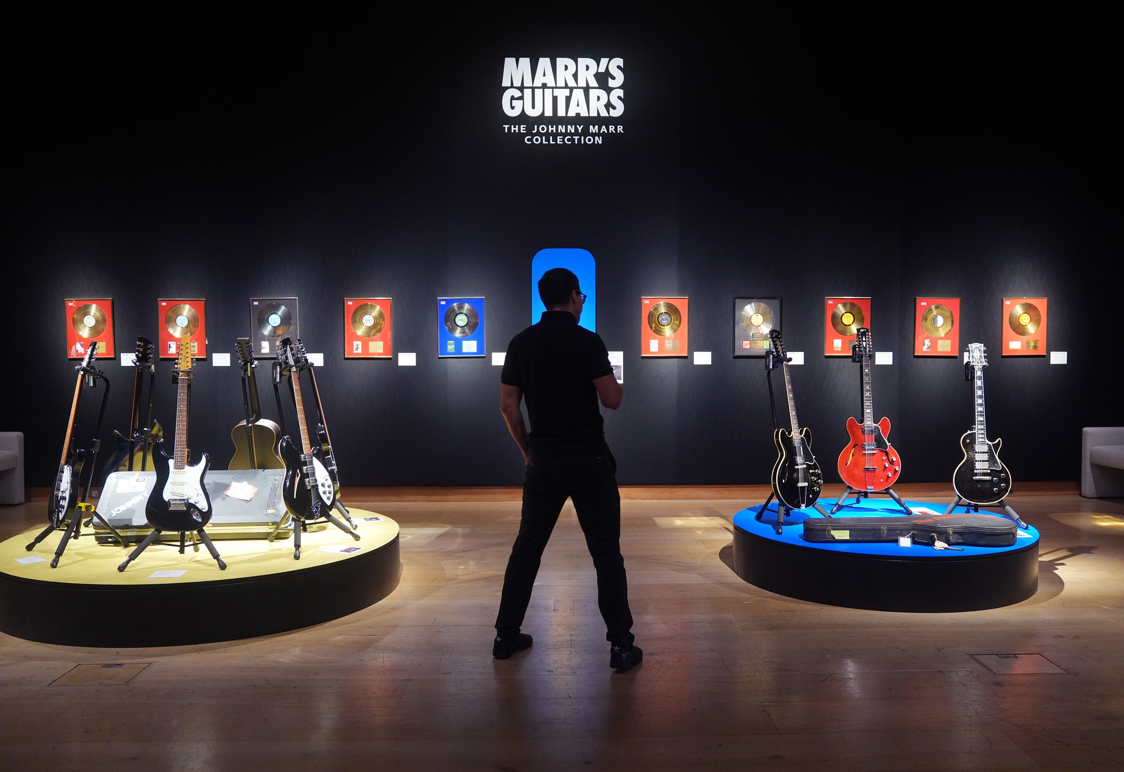 A selection of guitars on display during the preview at Christie's in central London