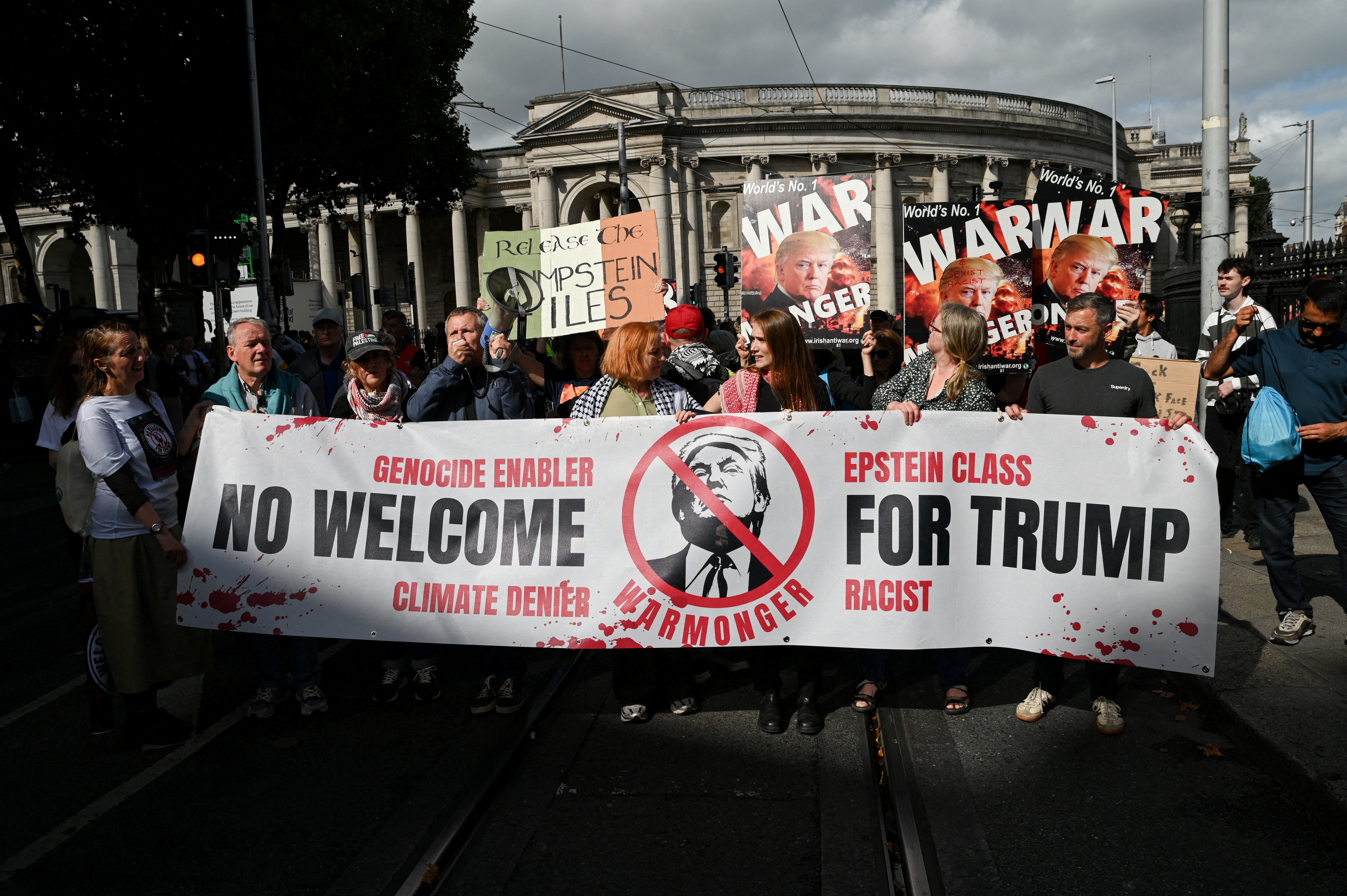 Demonstrators protest against the visit of Mr Trump in Dublin