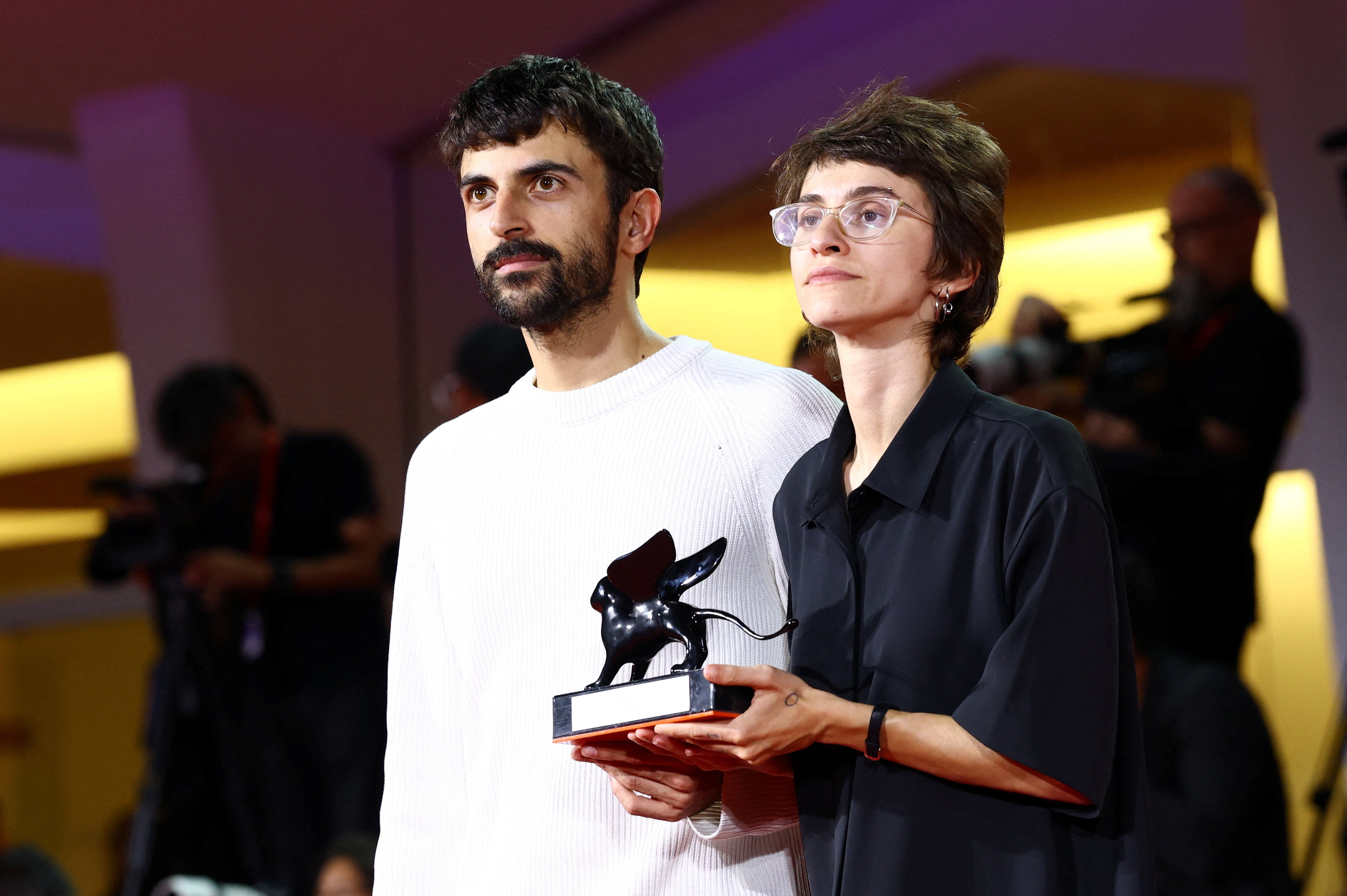 Directors Yuval Abraham and Rachel Szor pose with the Special Jury Award for "Naza"