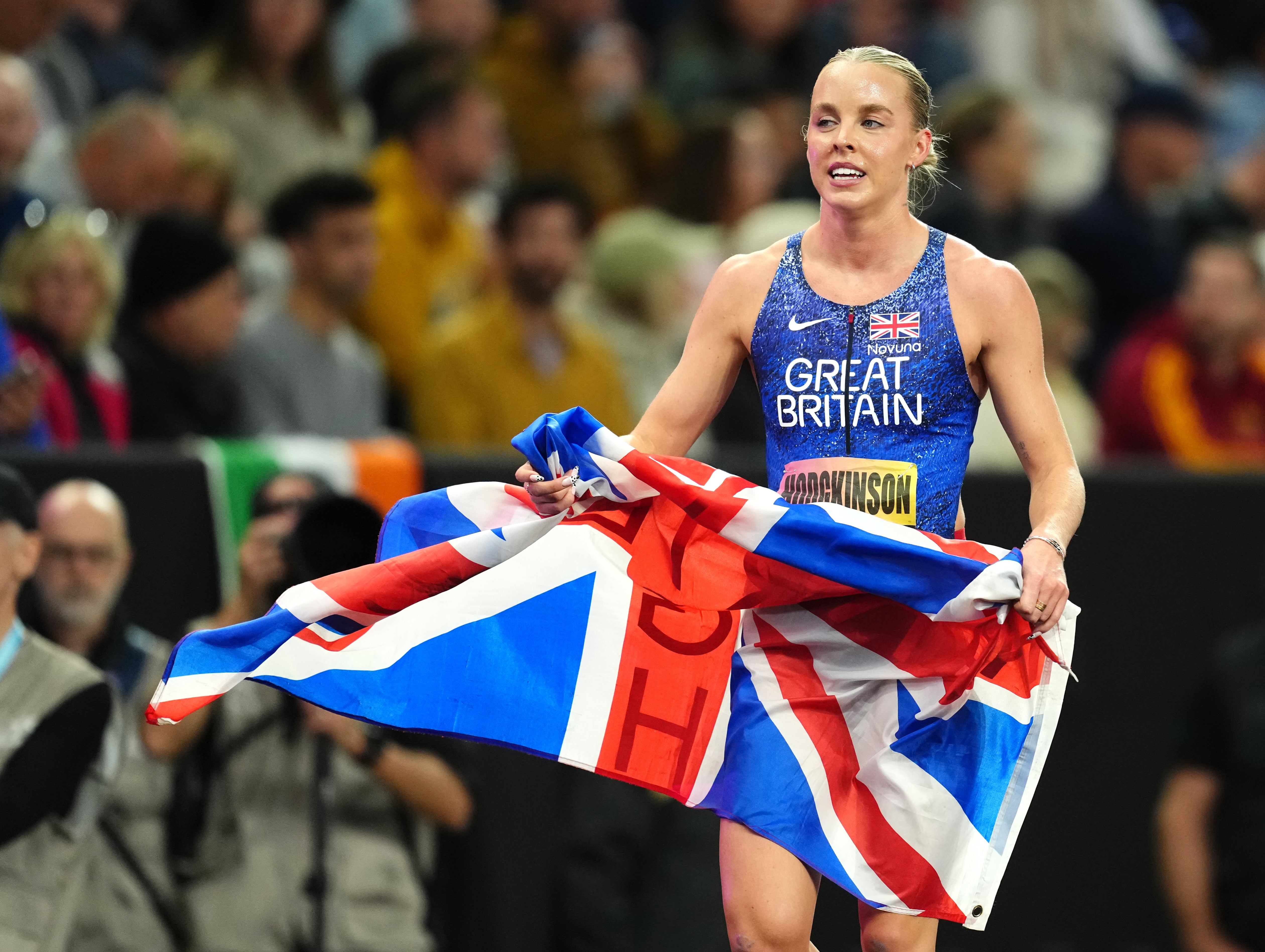 Keely Hodgkinson celebrates her second-placed finish (Martin Rickett/PA).