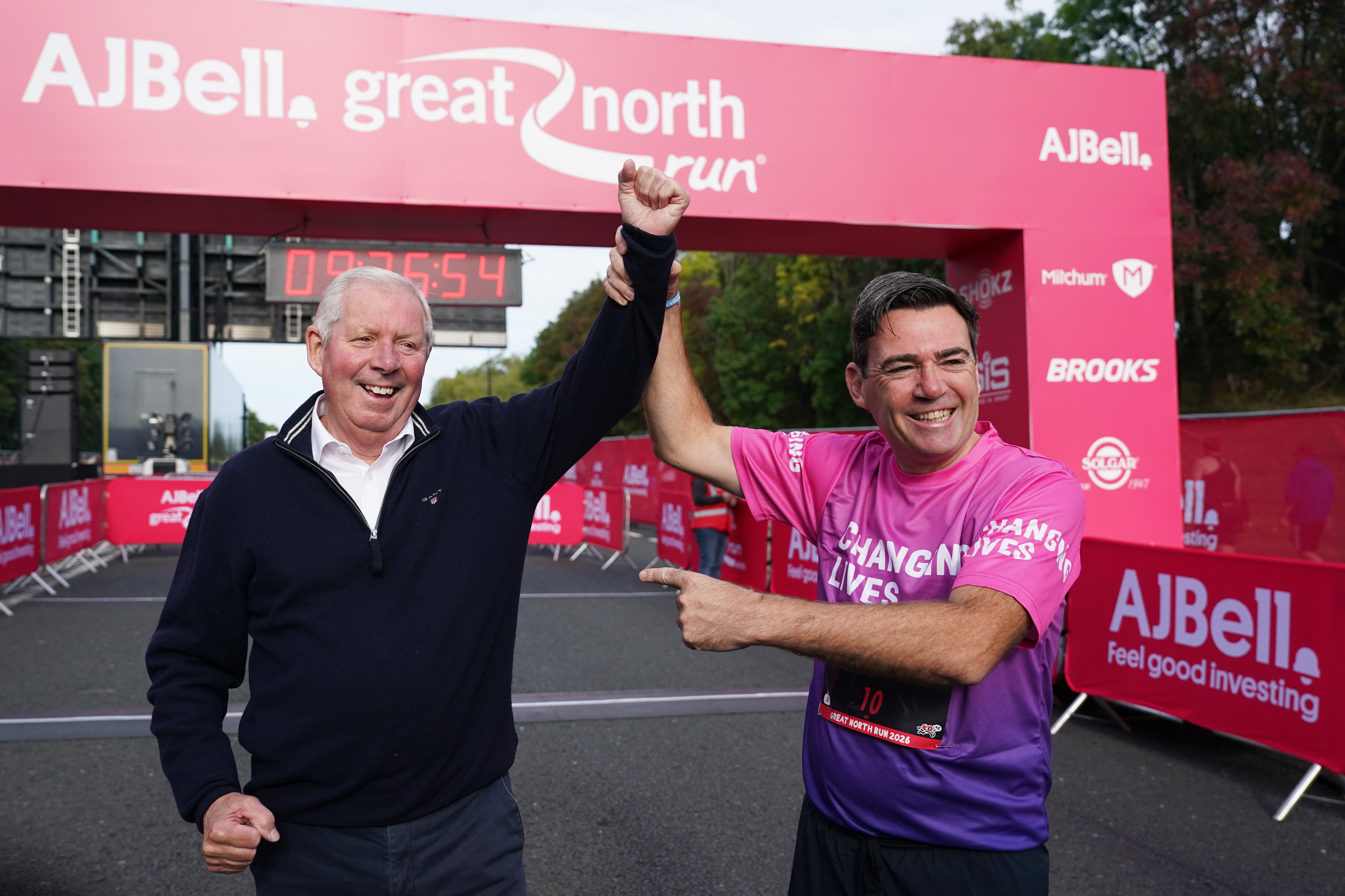 Prime Minister Andy Burnham poses with Brendan Foster as he prepares to run in the Great North Run on September 13, 2026 in Newcastle upon Tyne,