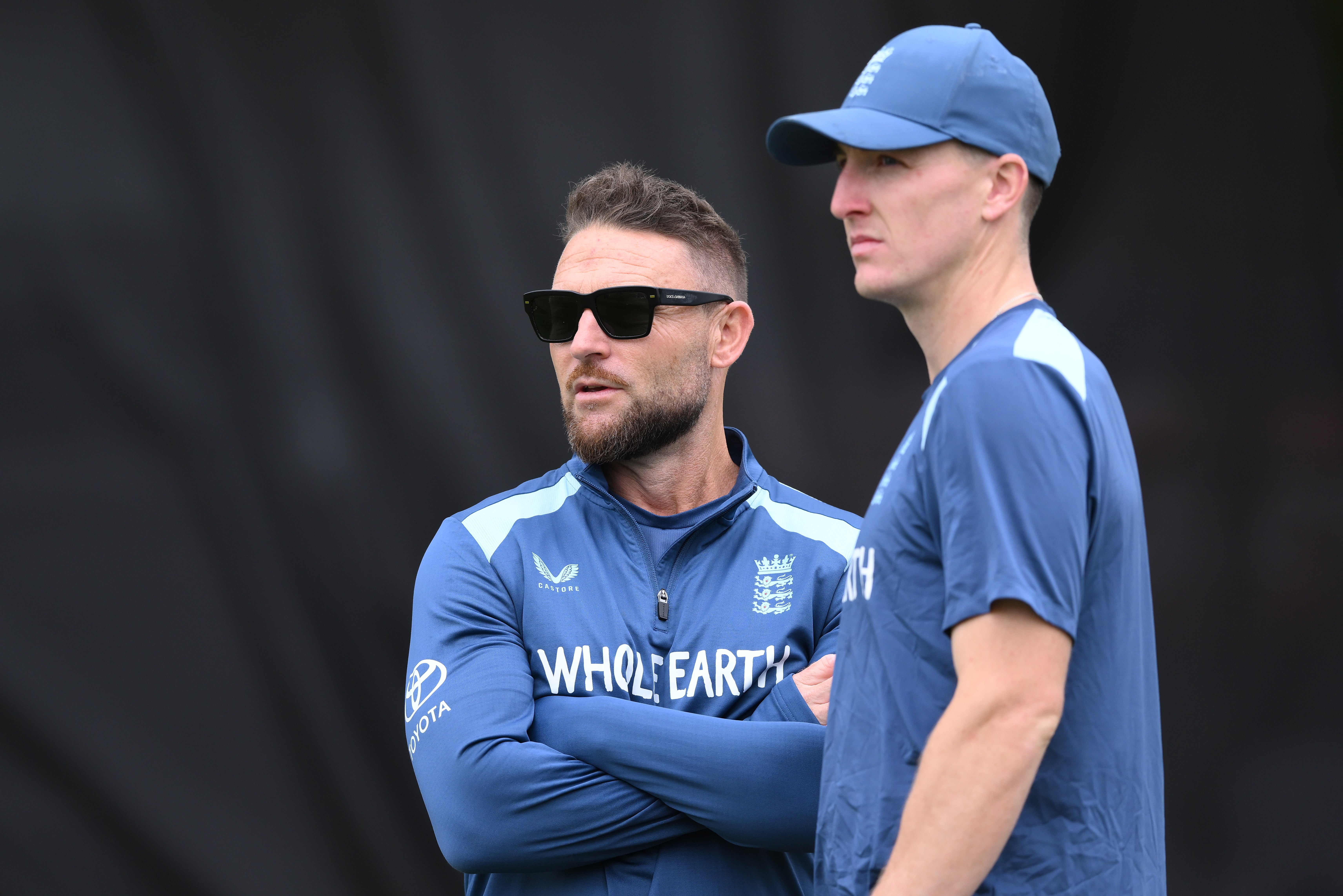 England white-ball head coach Brendon McCullum and captain Harry Brook in conversation (Gary Oakley/PA)