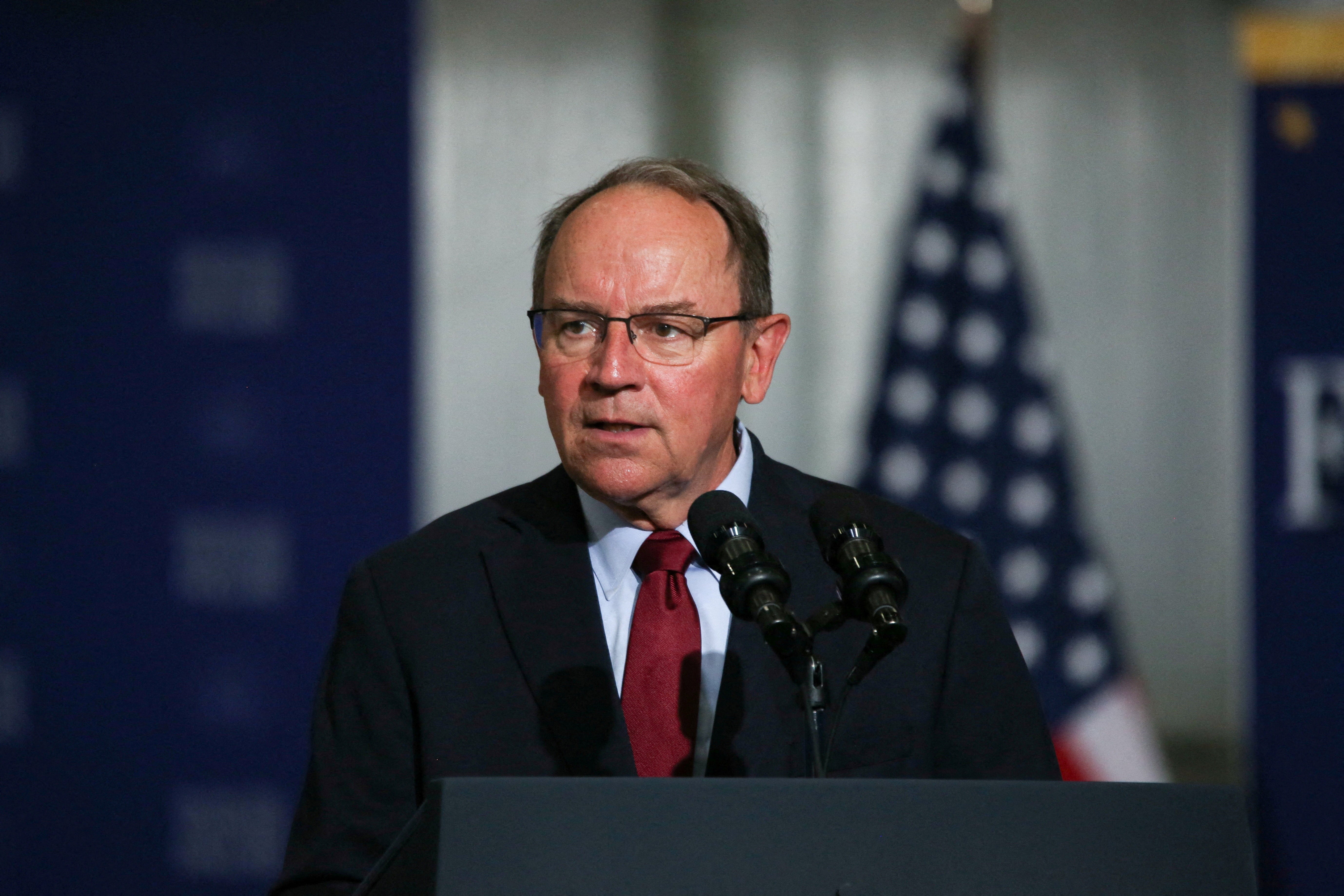Rep. Tom Tiffany speaks, before U.S. Vice President JD Vance discusses anti-fraud initiatives during a visit to Wisconsin Air National Guard's 128th Air Refueling Wing