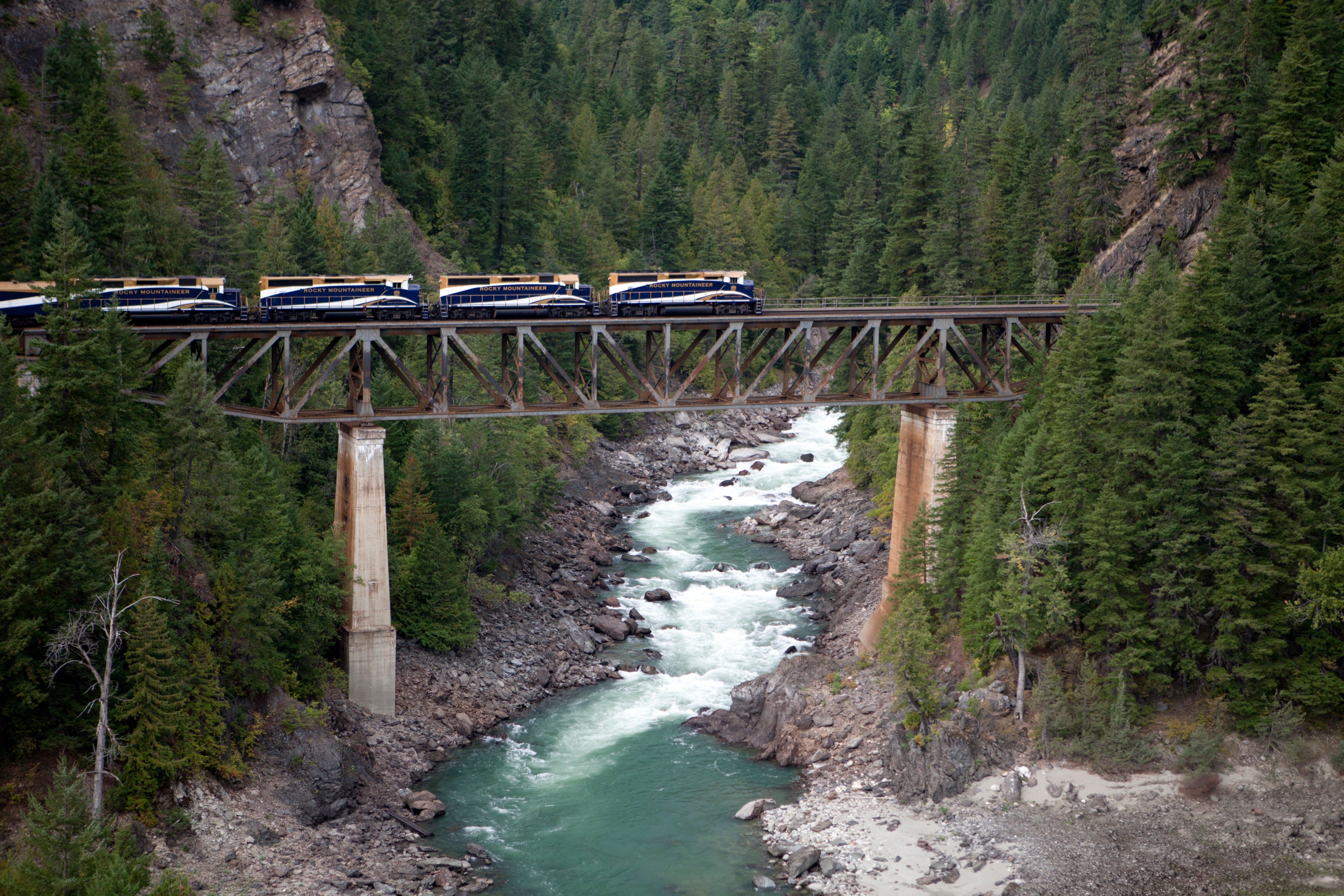 The Rocky Mountaineer train passes through dramatic landscapes