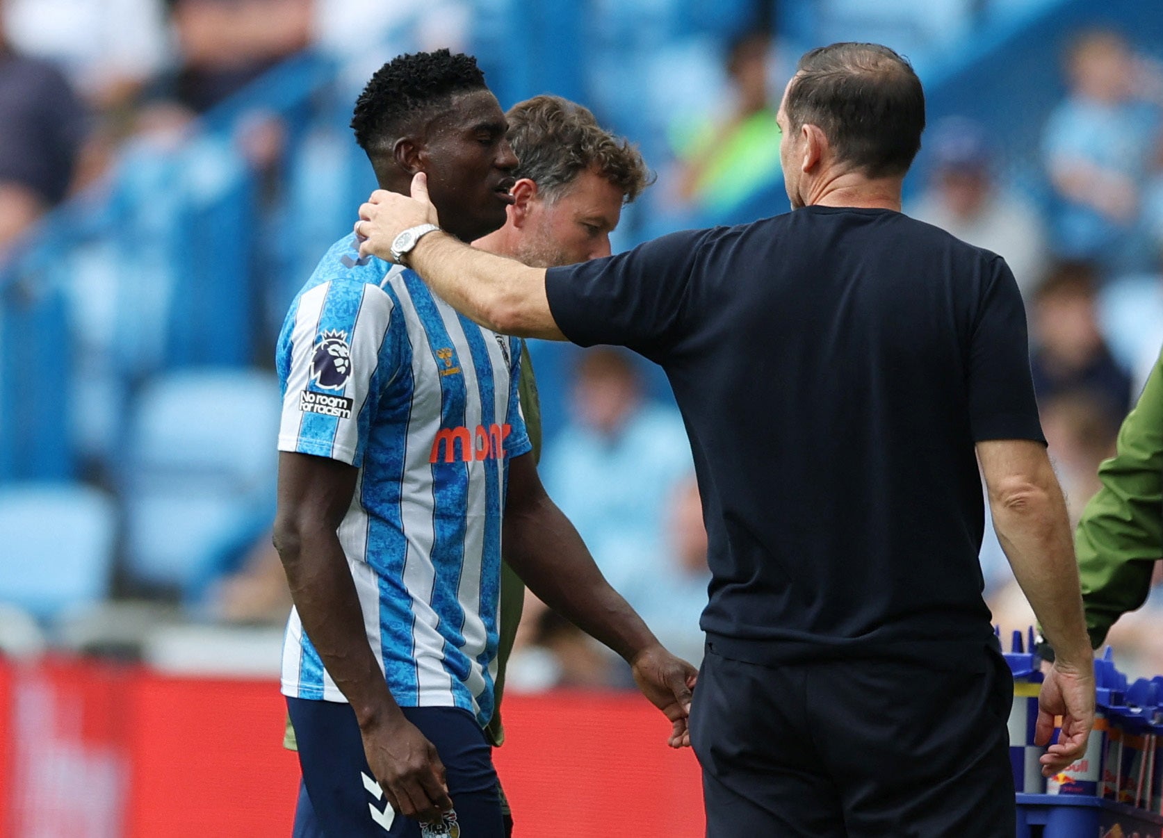 Coventry City's Taiwo Awoniyi with manager Frank Lampard as he walks off after being shown a red card
