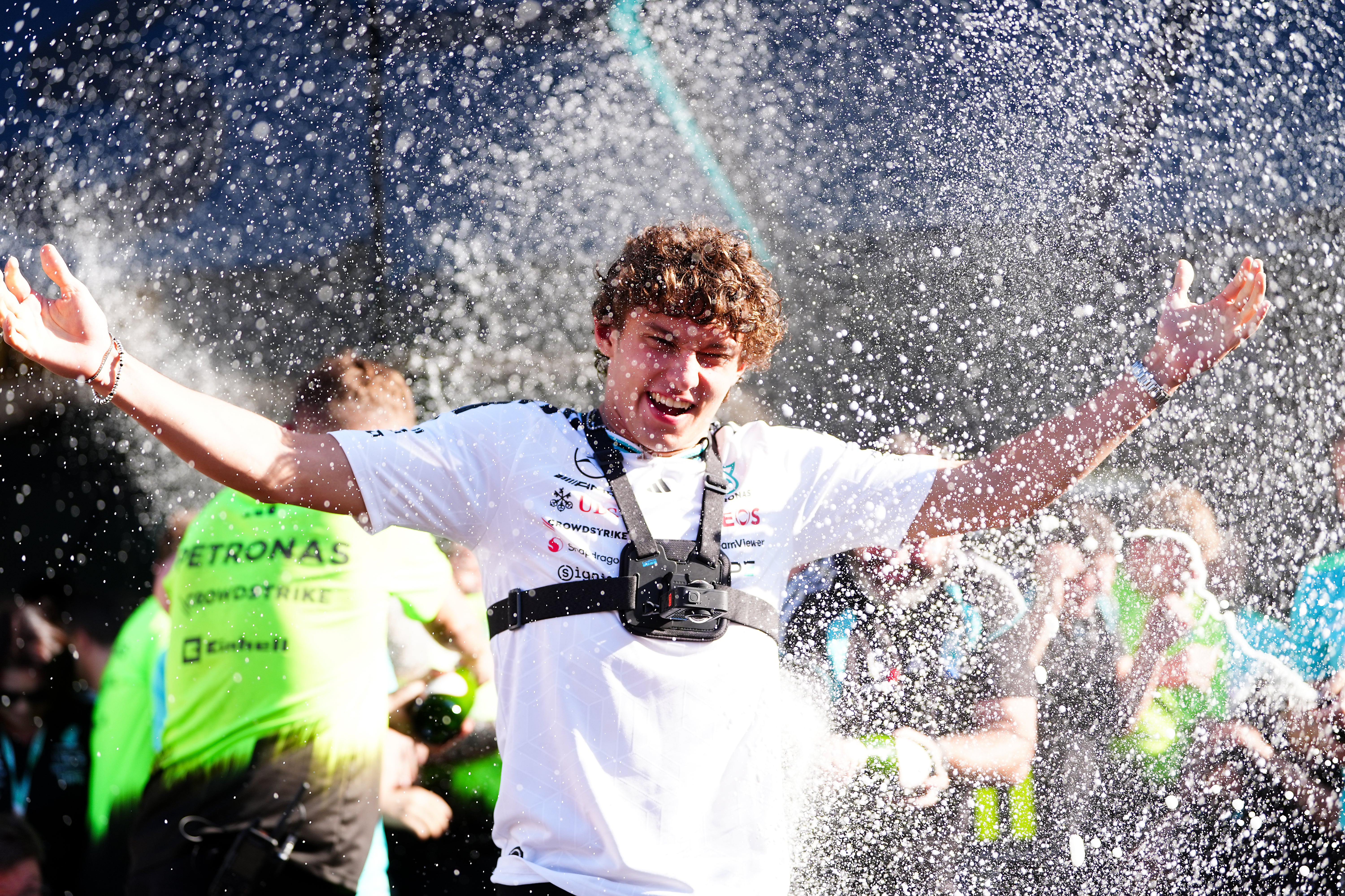 Kimi Antonelli celebrates his eighth win of the season in Spain (David Davies/PA) (PA Wire)