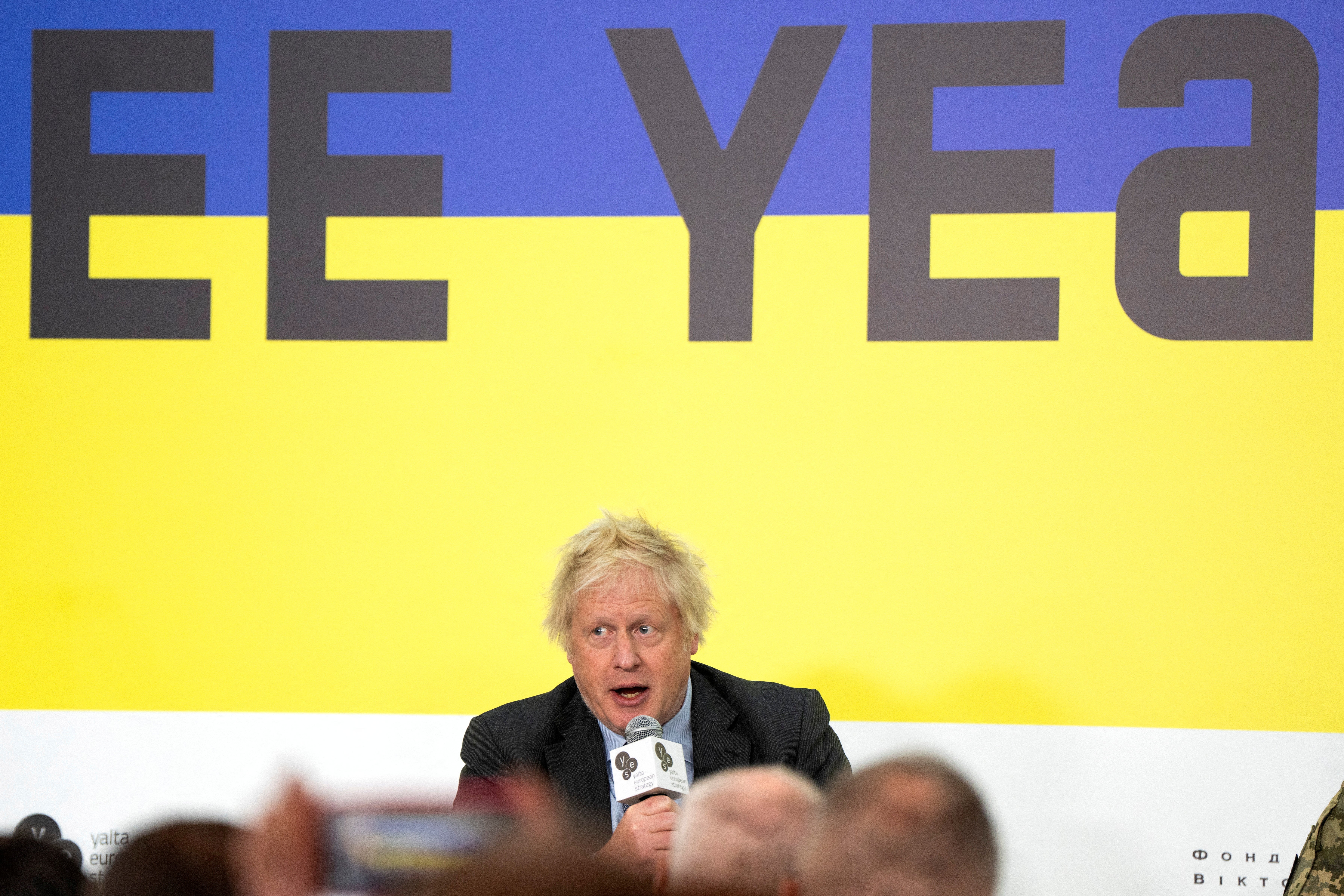 Boris Johnson speaks at the Yalta European Strategy conference during a trip to Ukraine in February 2025 (Reuters)