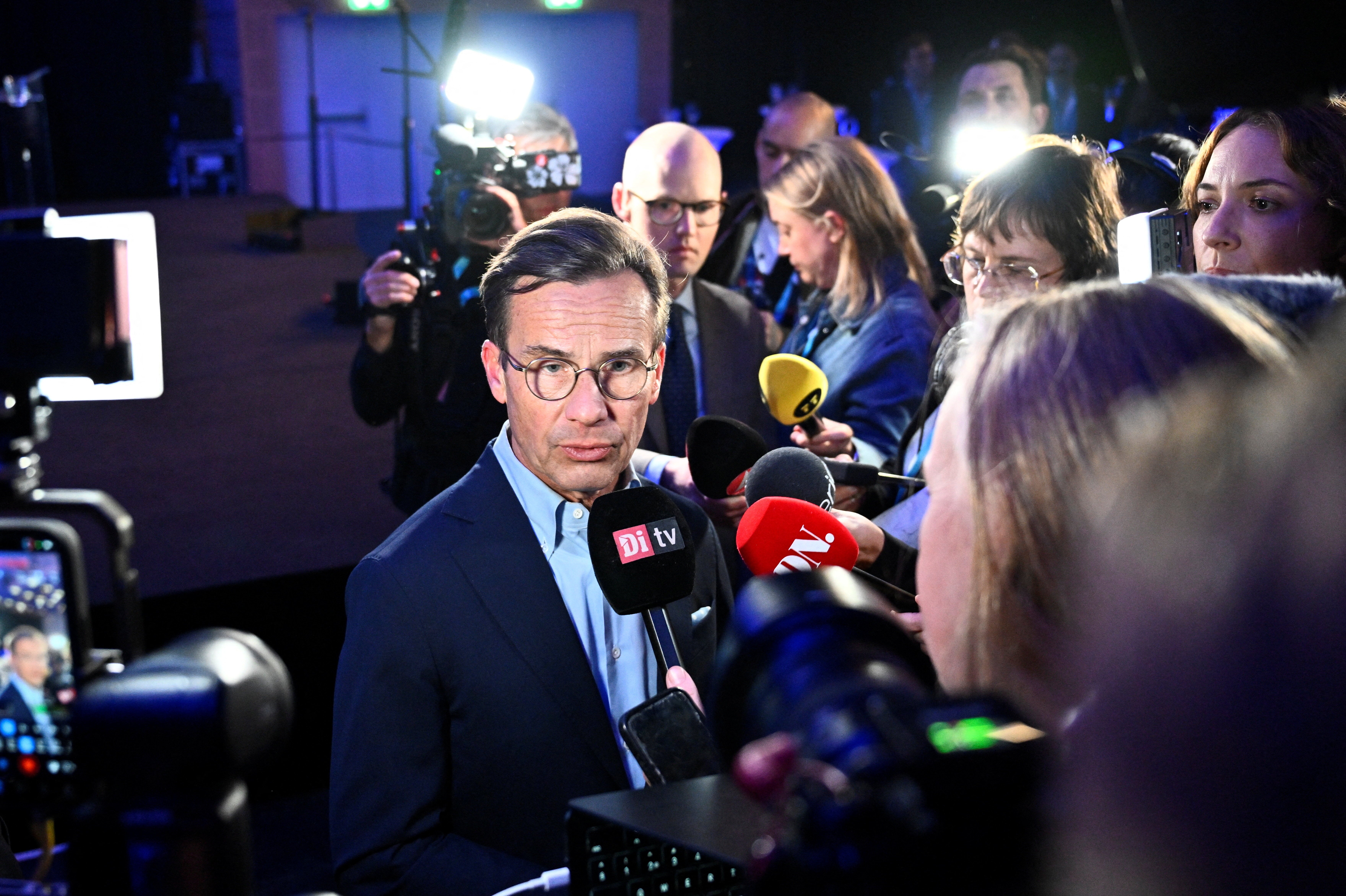 Moderates party leader Ulf Kristersson speaks during an interview during the Moderates' election night watch party in central Stockholm