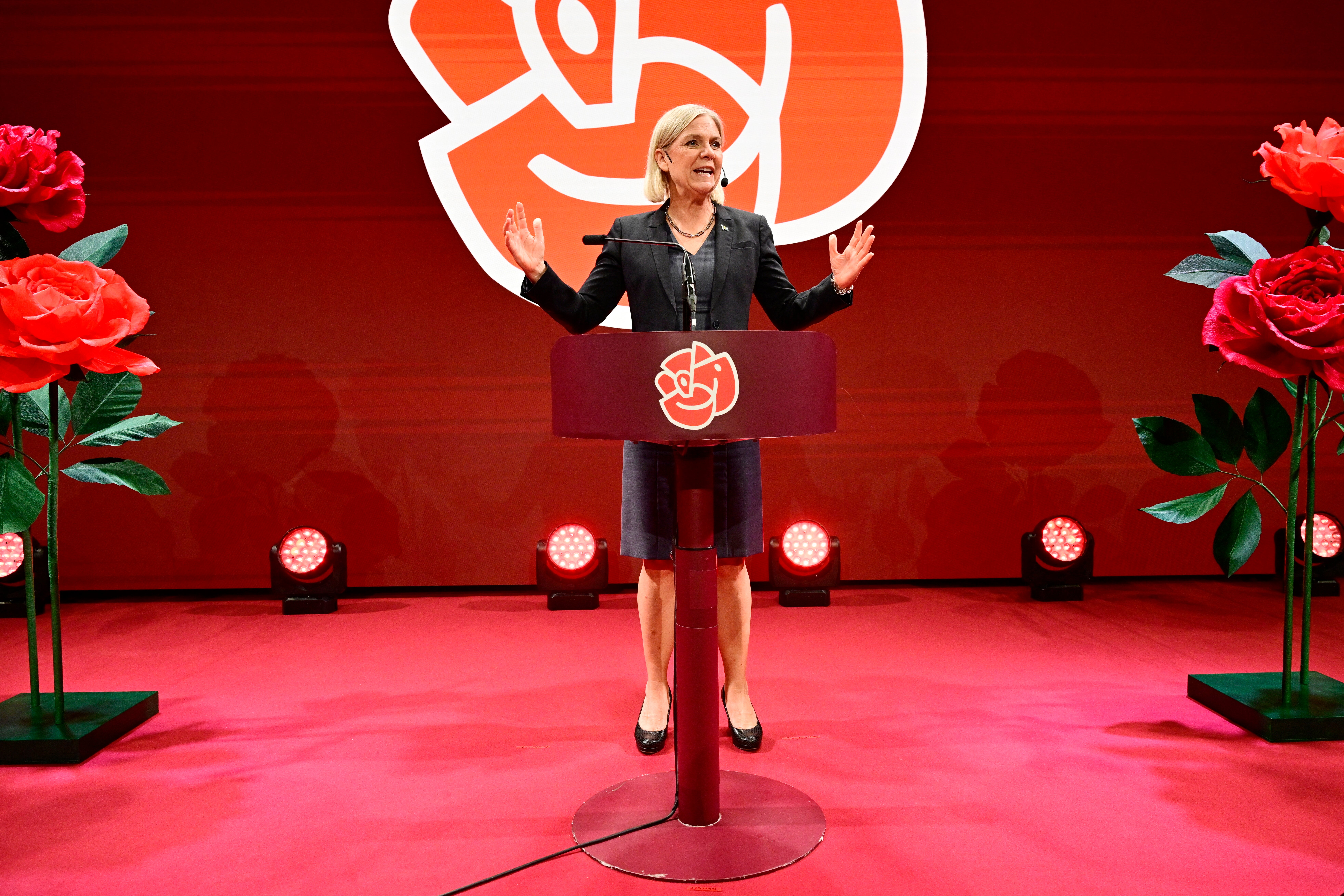 Sweden's Social Democratic Party leader Magdalena Andersson speaks during the Social Democrats' election night party in Stockholm