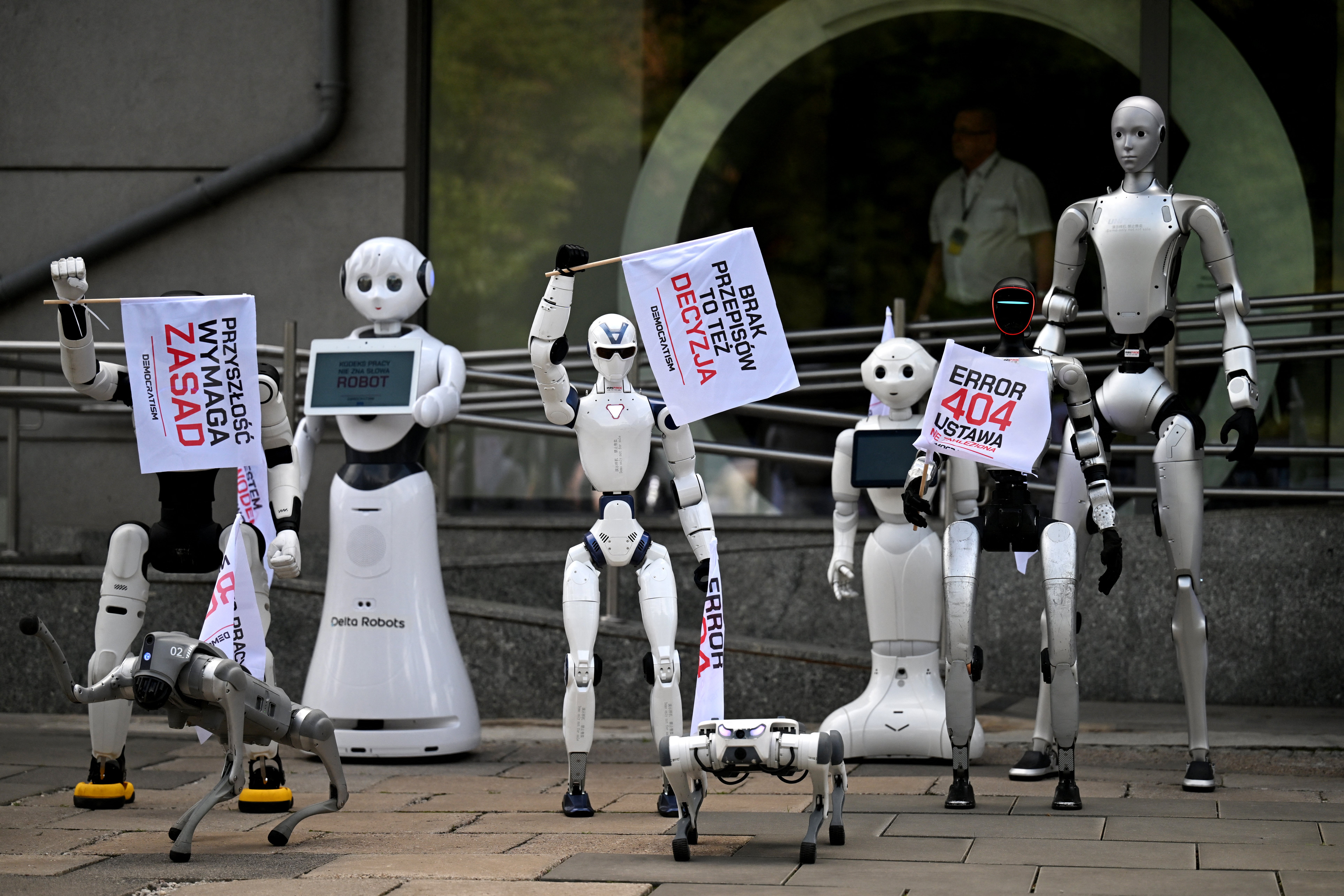 Robots attend a demonstration calling for the regulation of artificial intelligence development in Warsaw on 7 September, 2026.