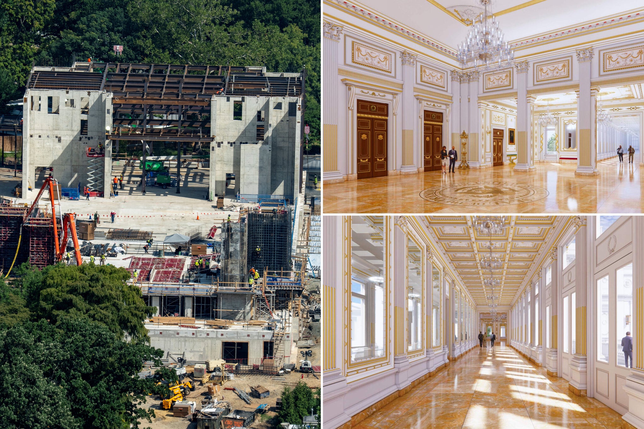 The exterior of the East Wing, currently a construction site, compared with Trump’s vision of the interior