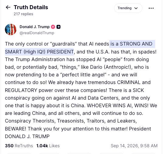 President Donald Trump ranted against call for AI 'guardrails' on Truth Social Monday morning