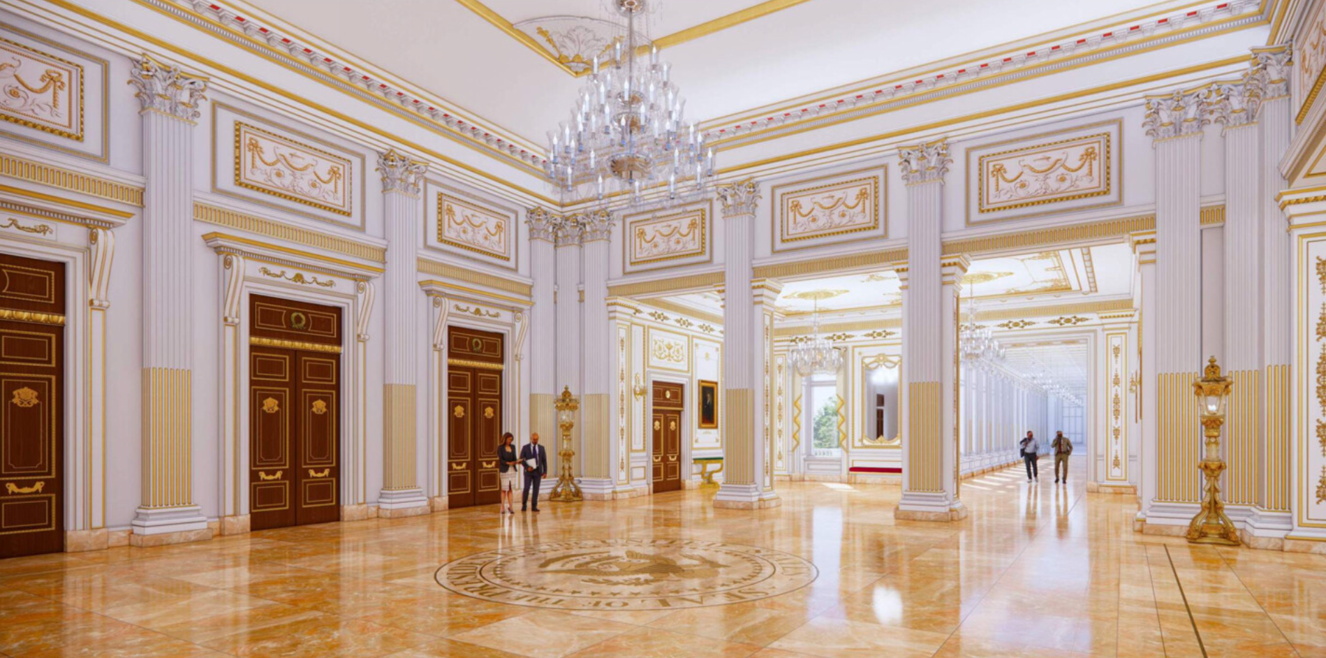 Trump's ballroom will have marble flooring, gold detailing and ornate chandeliers, according to the new concept art