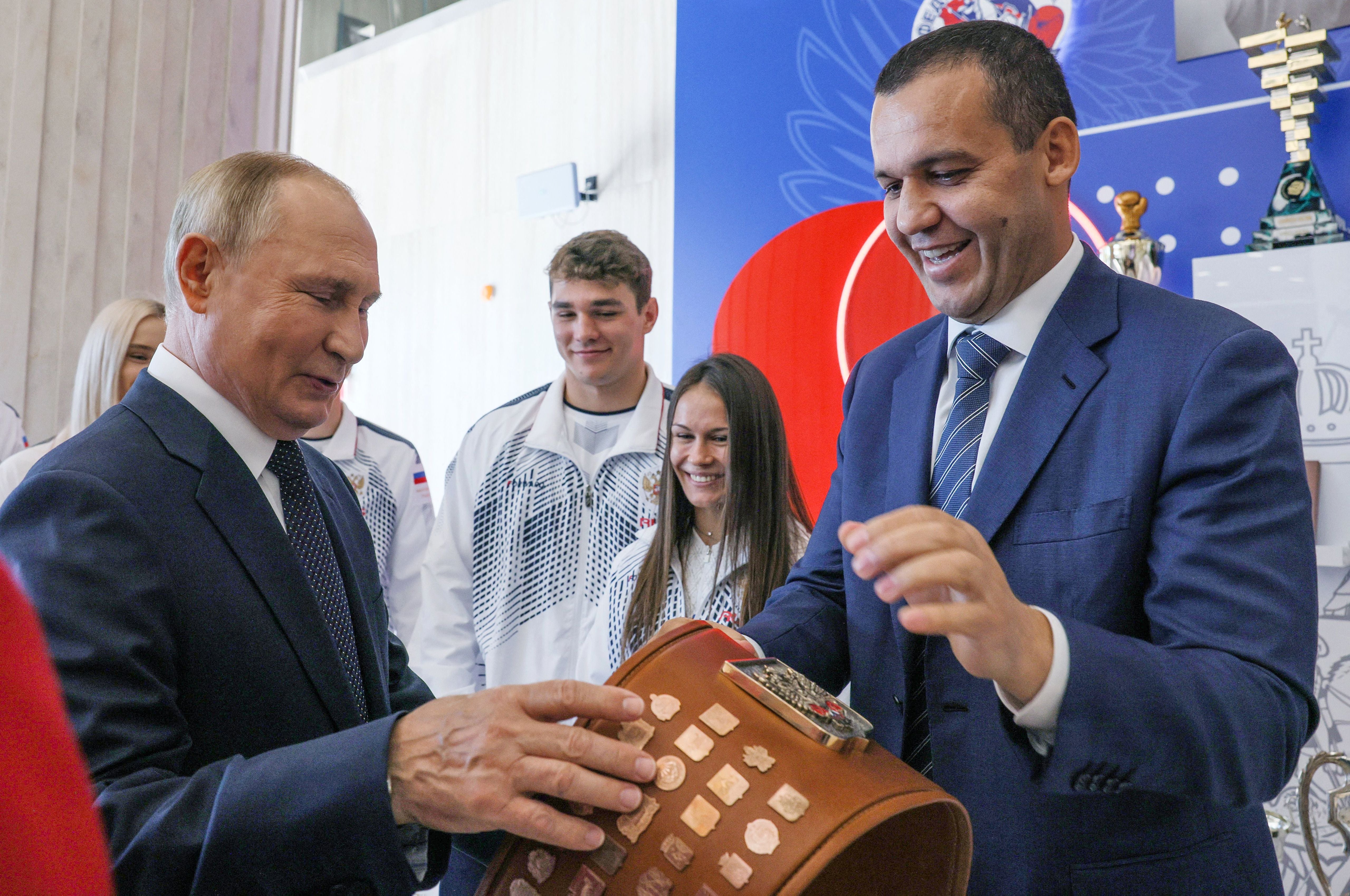 Umar Kremlev (right) the head of the International Boxing Association, which has a controversial, long-standing financial relationship to Russian state-owned energy giant Gazprom, helped funnel tens of thousands of dollars into Trump Jr’s intimate wedding