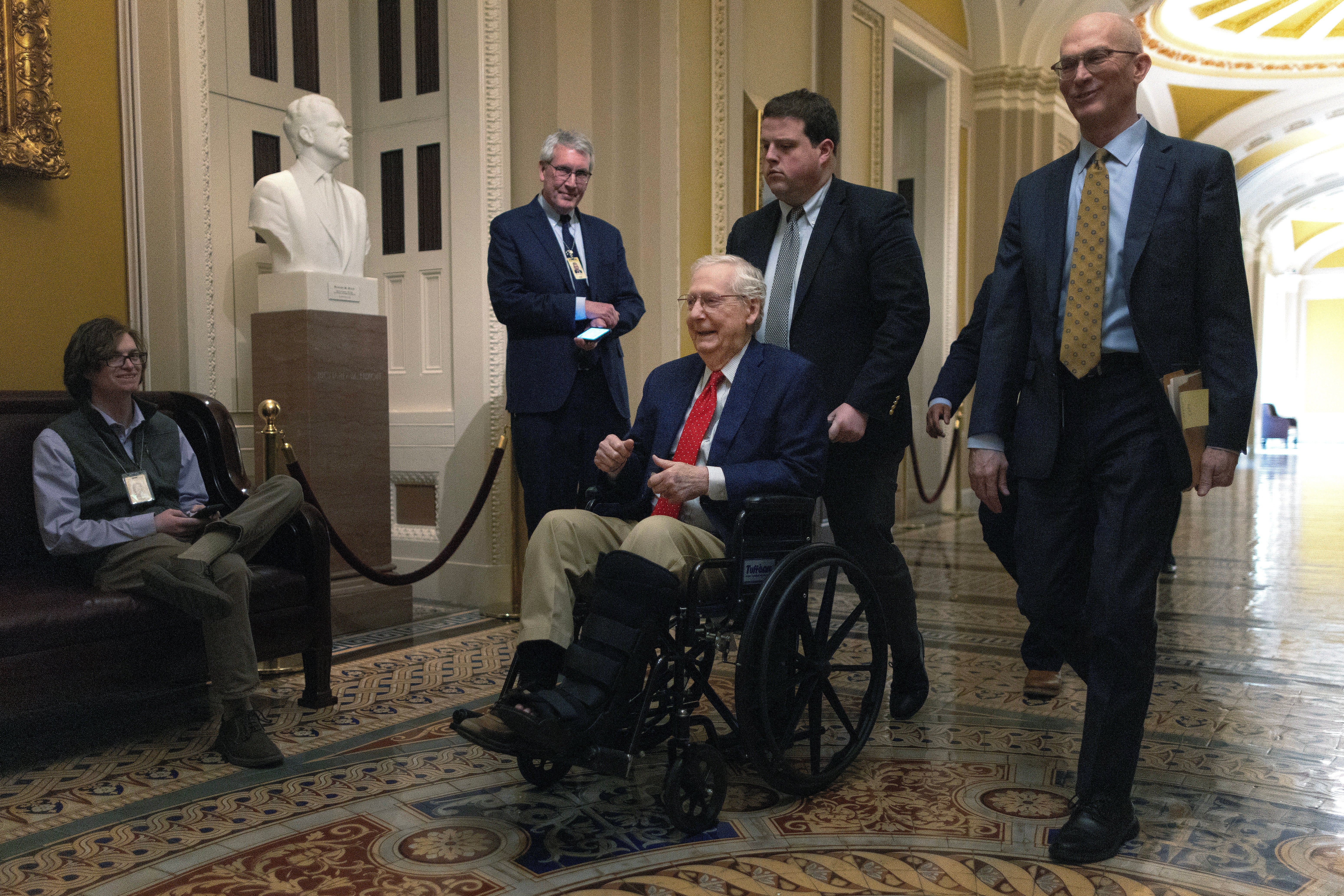 McConnell, seen here in 2025, was often seen using a wheelchair on the Hill over the past year. He suffered from polio as a child