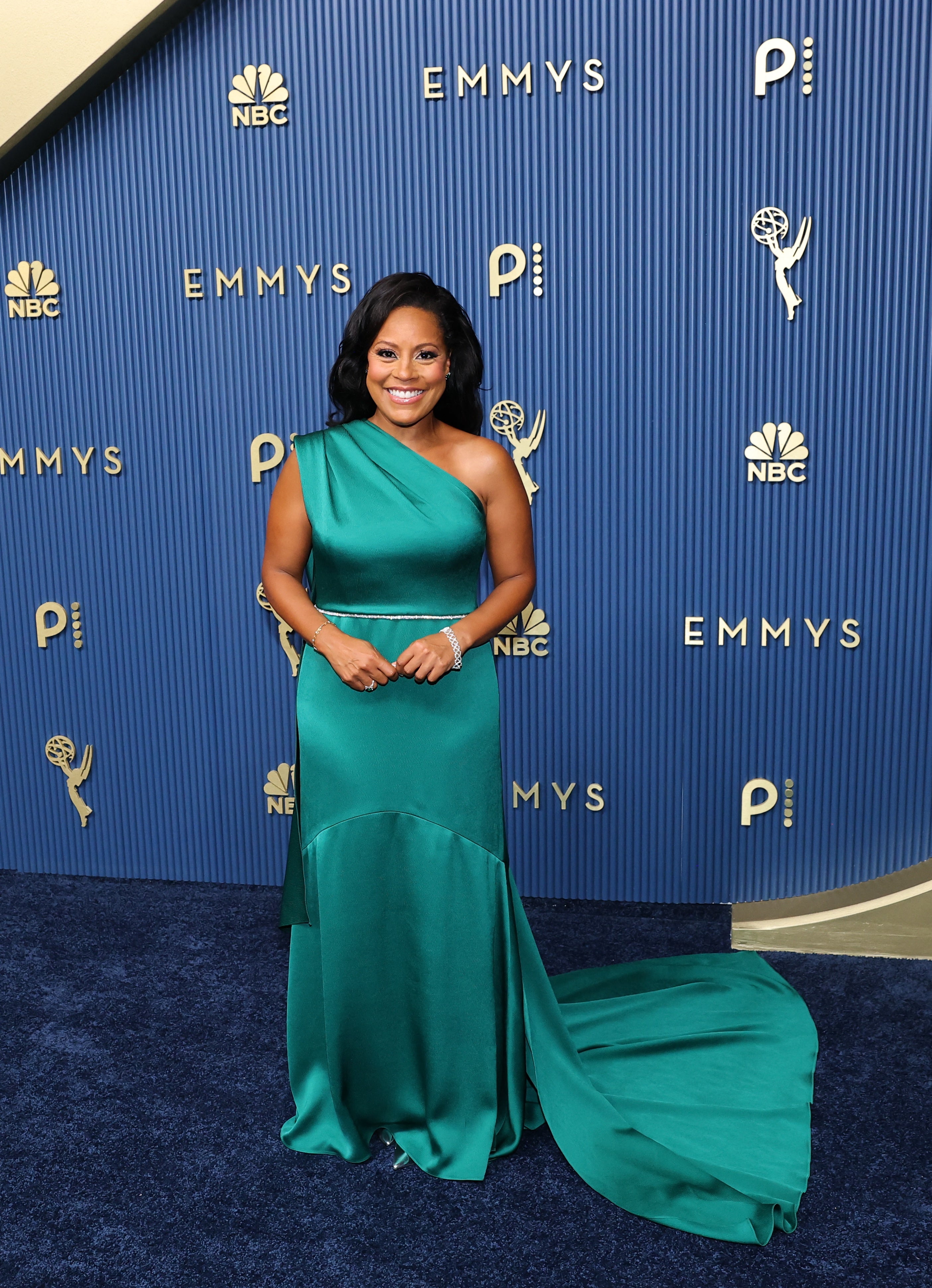 Sheinelle Jones, co-host of 'Today with Jenna & Sheinelle,' looked gorgeous in a one-shouldered teal-colored gown, though the hem could've maybe been taken up another inch or two