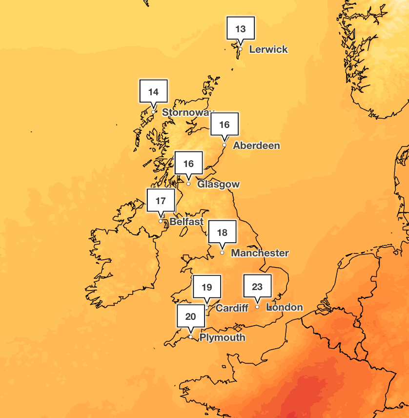 Temperatures across the country are expected to hover in the 20s — roughly the average for this time of year, according to the Met Office
