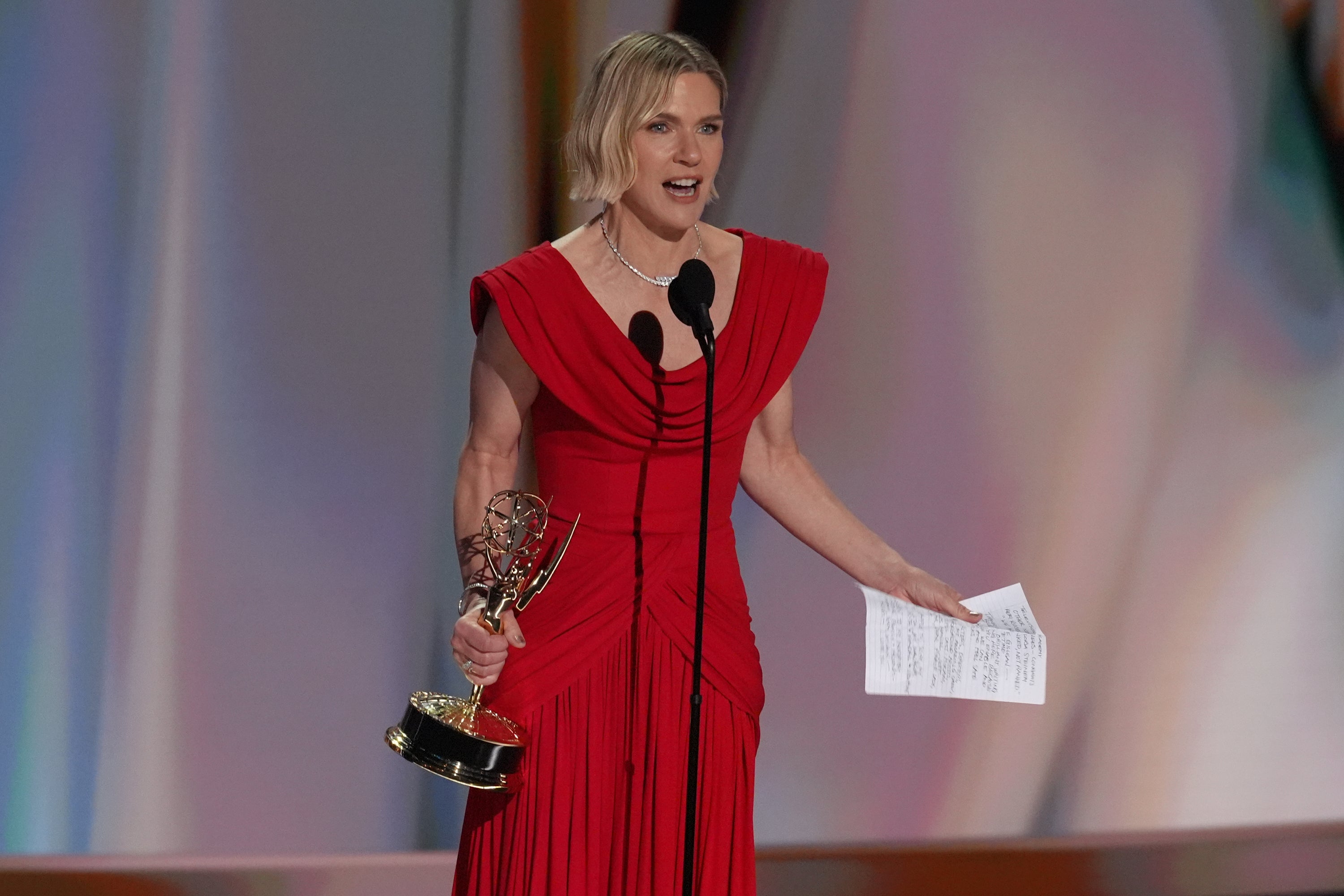 Rhea Seehorn was teary eyed accepting the lead actress Emmy for her role in 'Pluribus'