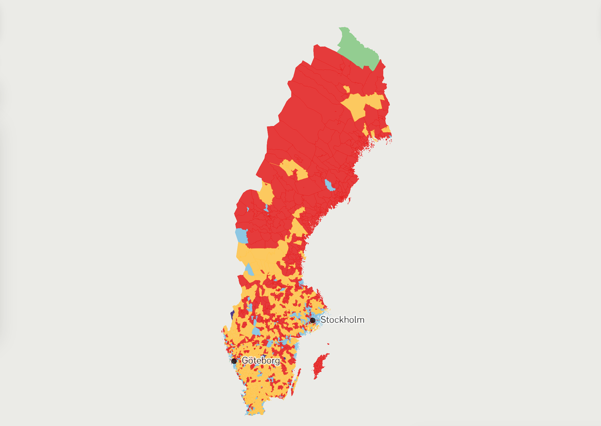 A map by Swedish national broadcaster SVT shows the Social Democrats in control of the country's north and battling with the Moderates for inner-city areas in southern areas. Red = Social Democrats (centre-left); Blue = Moderates (governing centre-right); Yellow = Sweden Democrats (hard right)