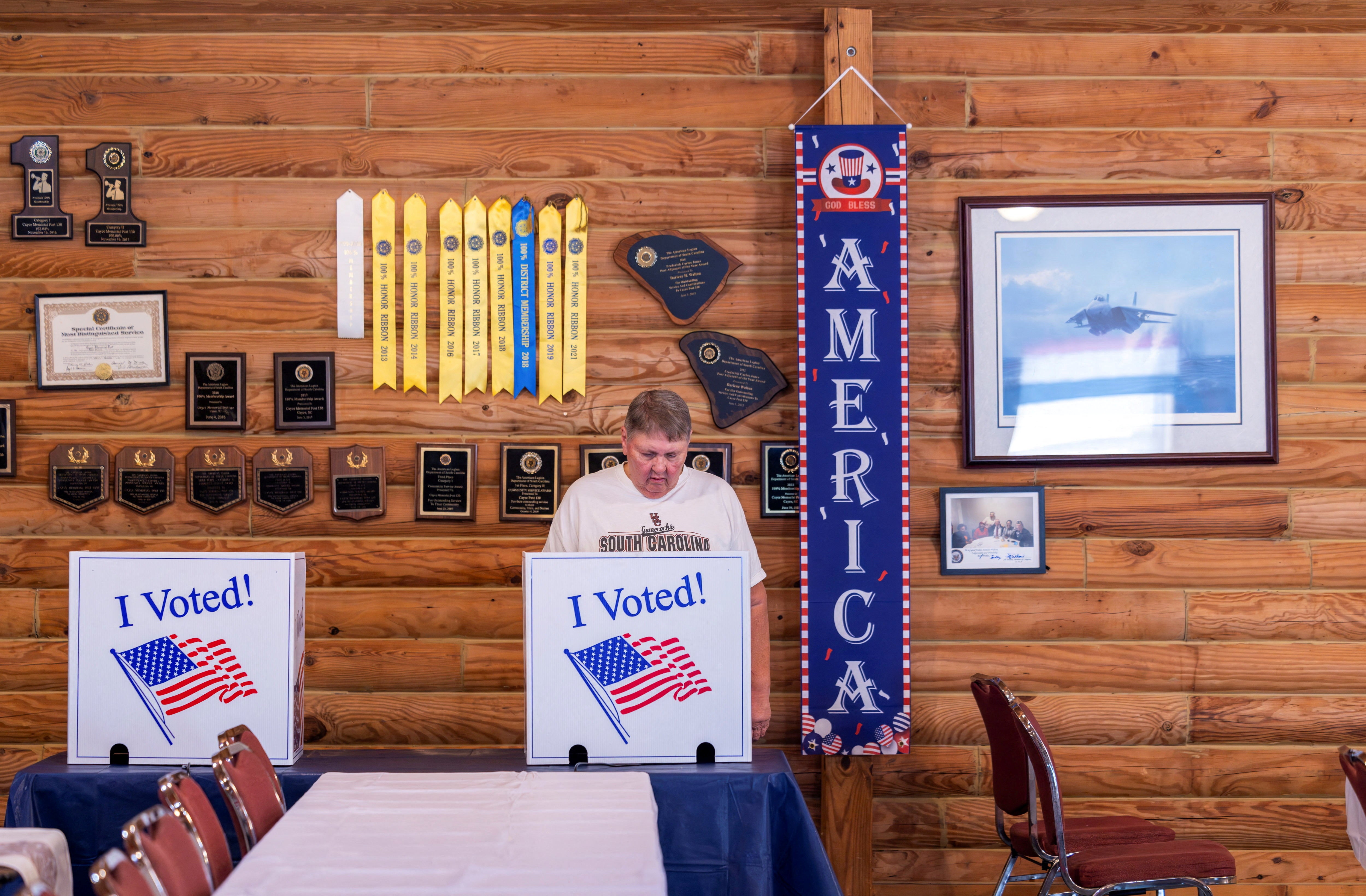 A voter casts his ballot at a polling station in a Republican primary runoff between U.S. Senator Darline Graham (R-SC) and U.S. Representative Ralph Norman (R-SC)