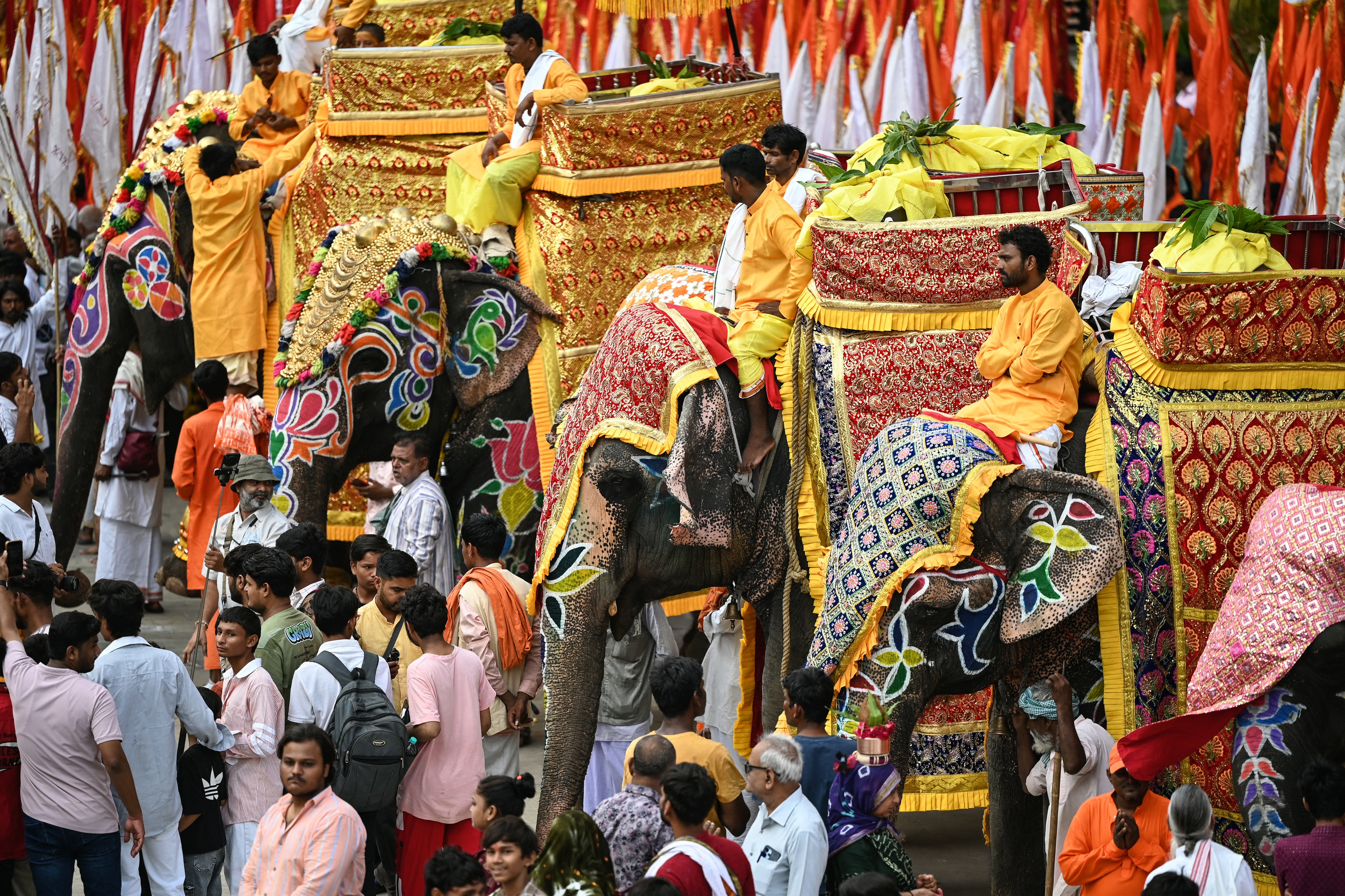Mahouts wait with decorated elephants during Jal Yatra, a Hindu religious procession from Lord Jagannath temple to Sabarmati riverfront in Ahmedabad on June 29, 2026 (AFP/Getty)