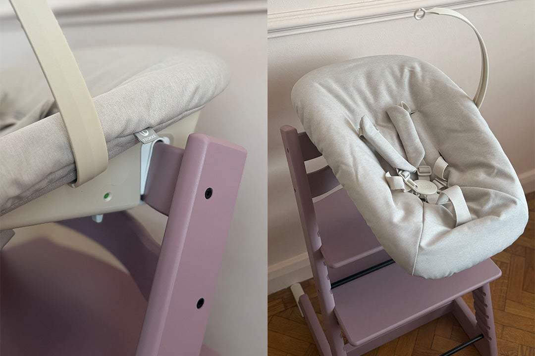 The newborn seat can be used from birth and slots on to the main chair easily (Sarah Jones/The Independent)