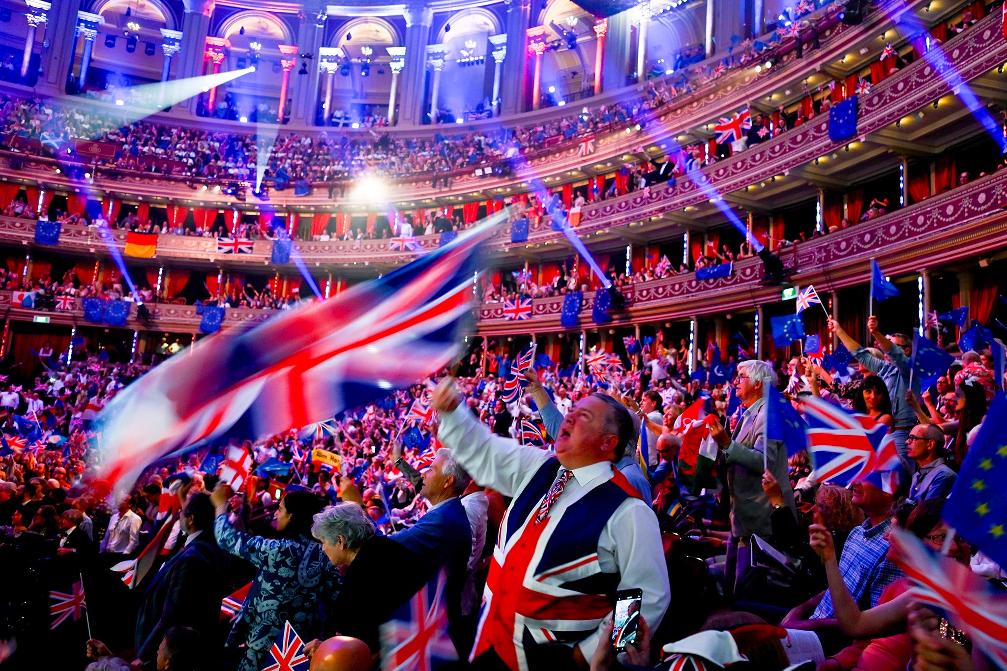 The chanting, flag-waving and audience participation in Land of Hope and Glory, goes to the far bigger audience on BBC1, giving an entirely mistaken view, even with Oramo on the rostrum, of what the Proms season and classical concerts are all about (Chris Christodoulou/BBC)