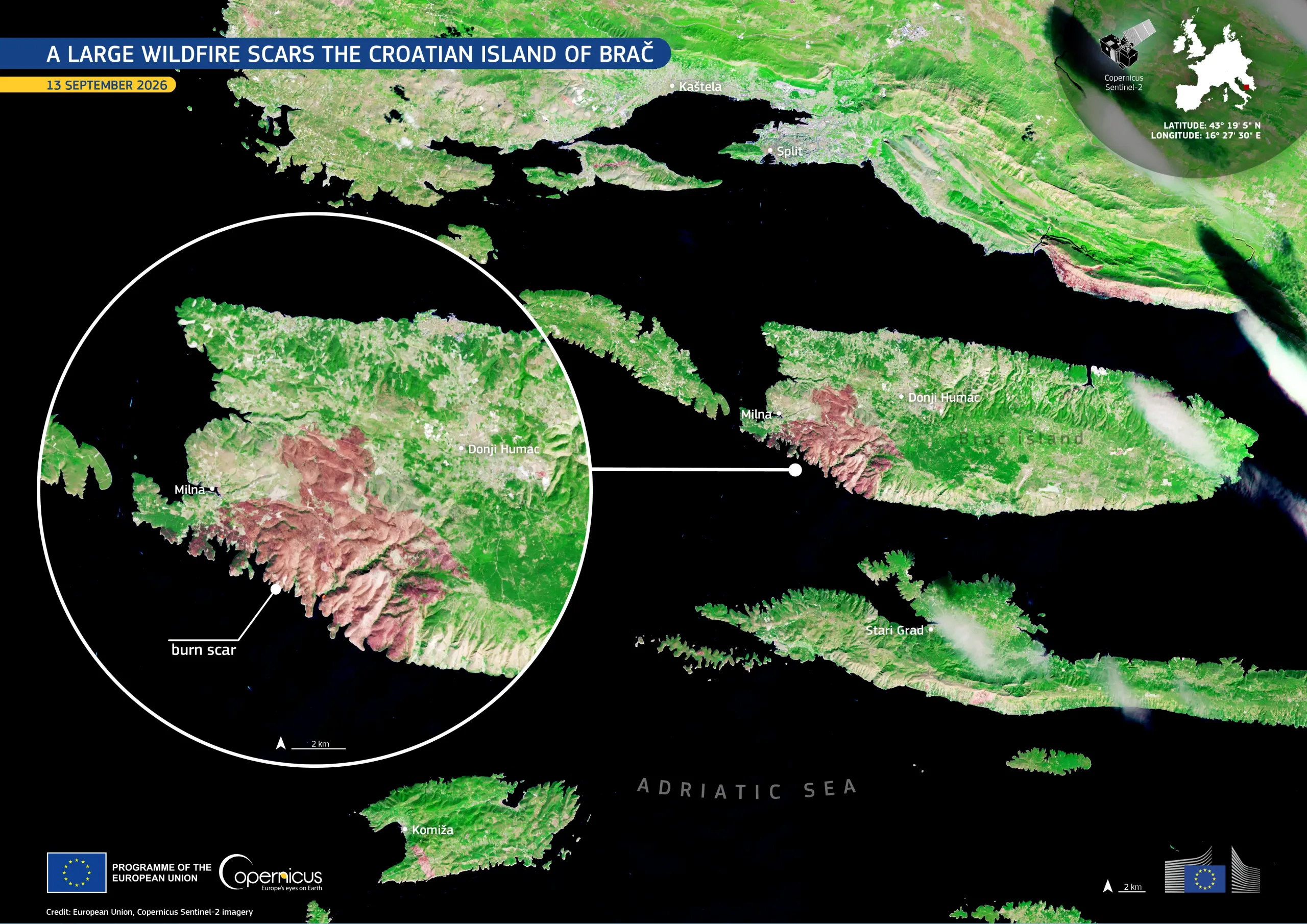 The wildfires largely affected southwestern parts of the island (European Union, Copernicus Sentinel-2 imagery)