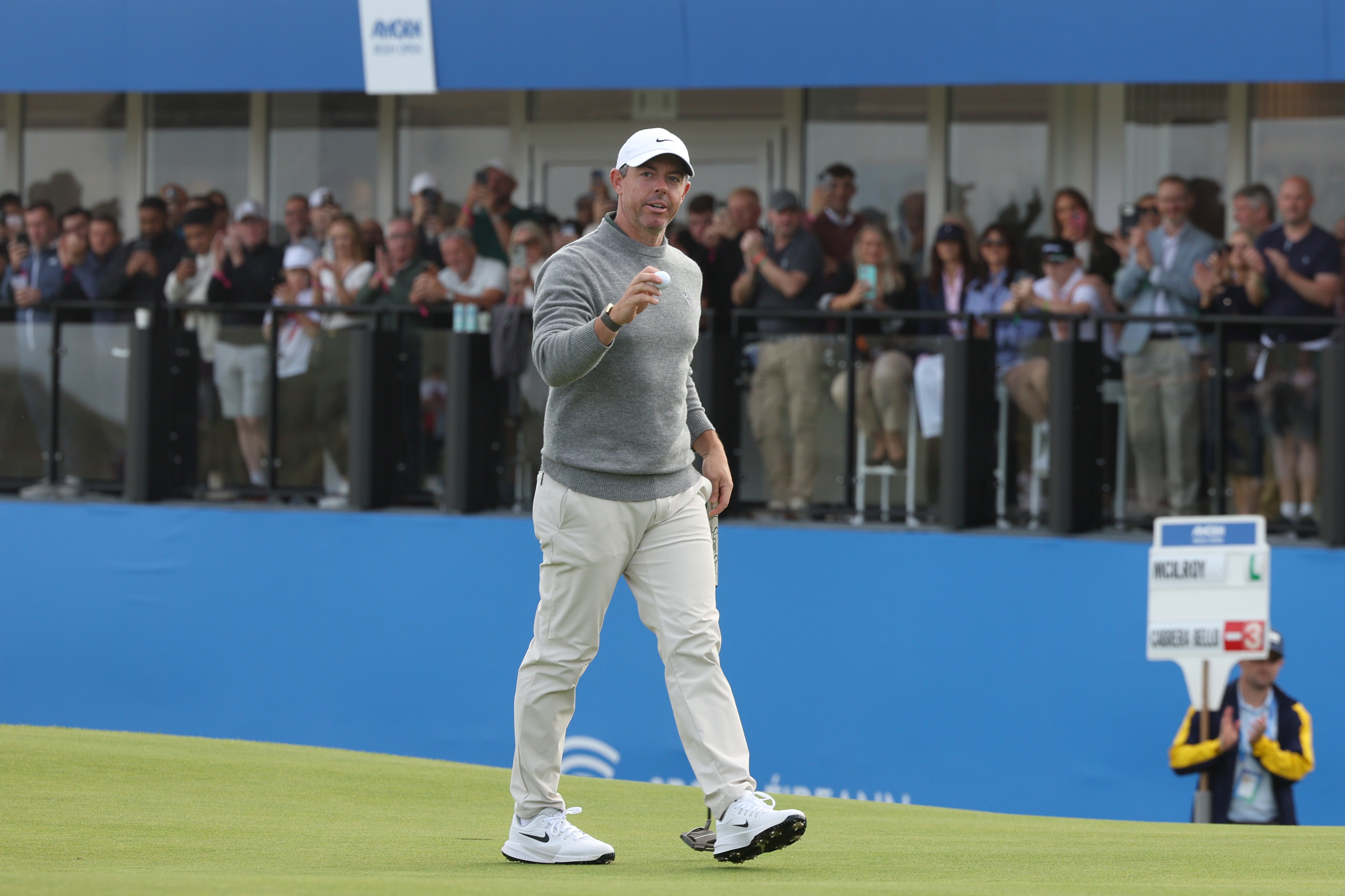 Rory McIlroy of Northern Ireland acknowledges the crowd at the Amgen Irish Open 2026 last week