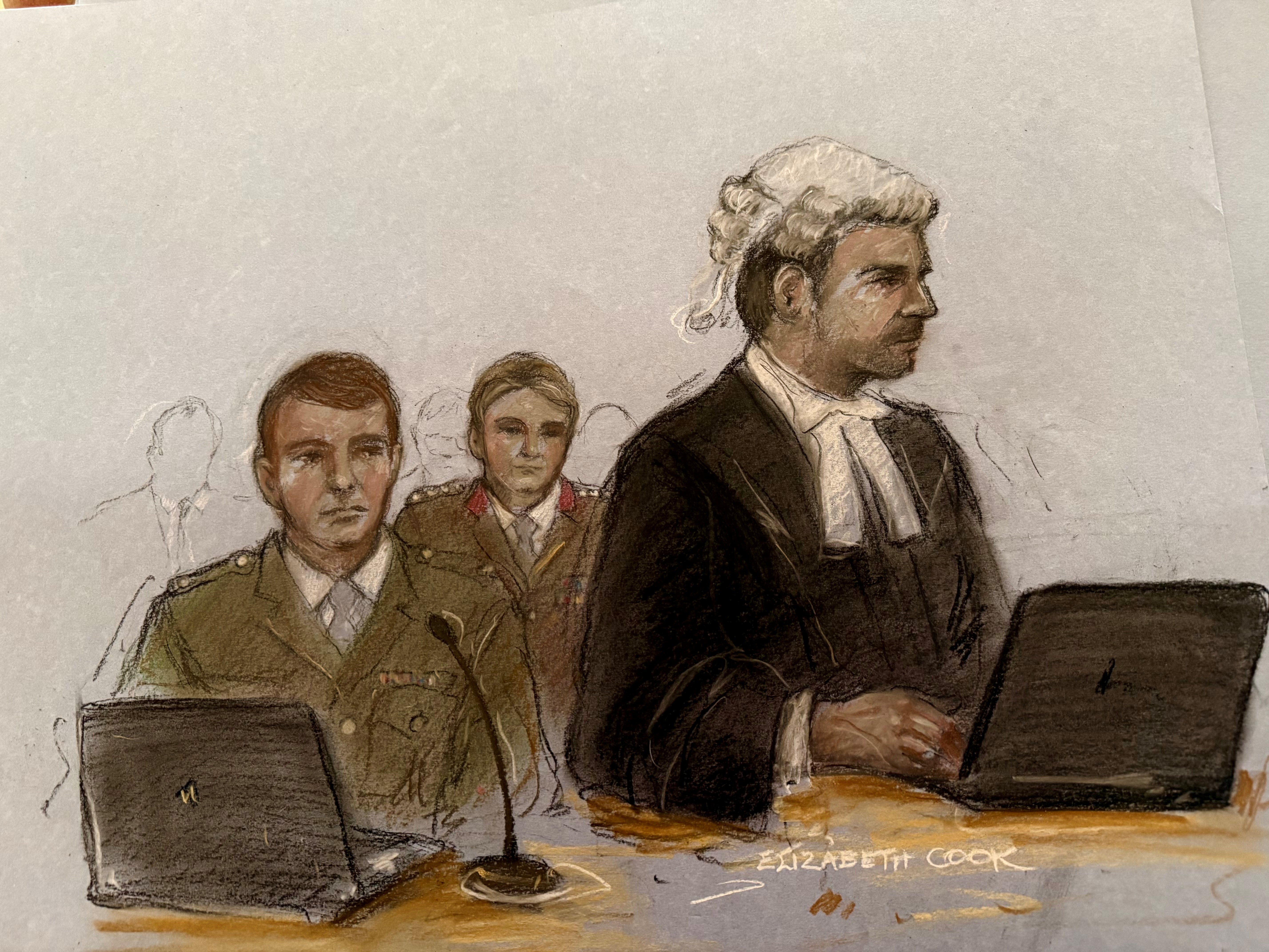 A court artist drawing by Elizabeth Cook of Mr Hartley (right), representing Major James Hook (left) who is appearing with Colonel Samantha Shepherd (centre) at the Military Court Centre in Catterick Garrison, North Yorkshire (PA)