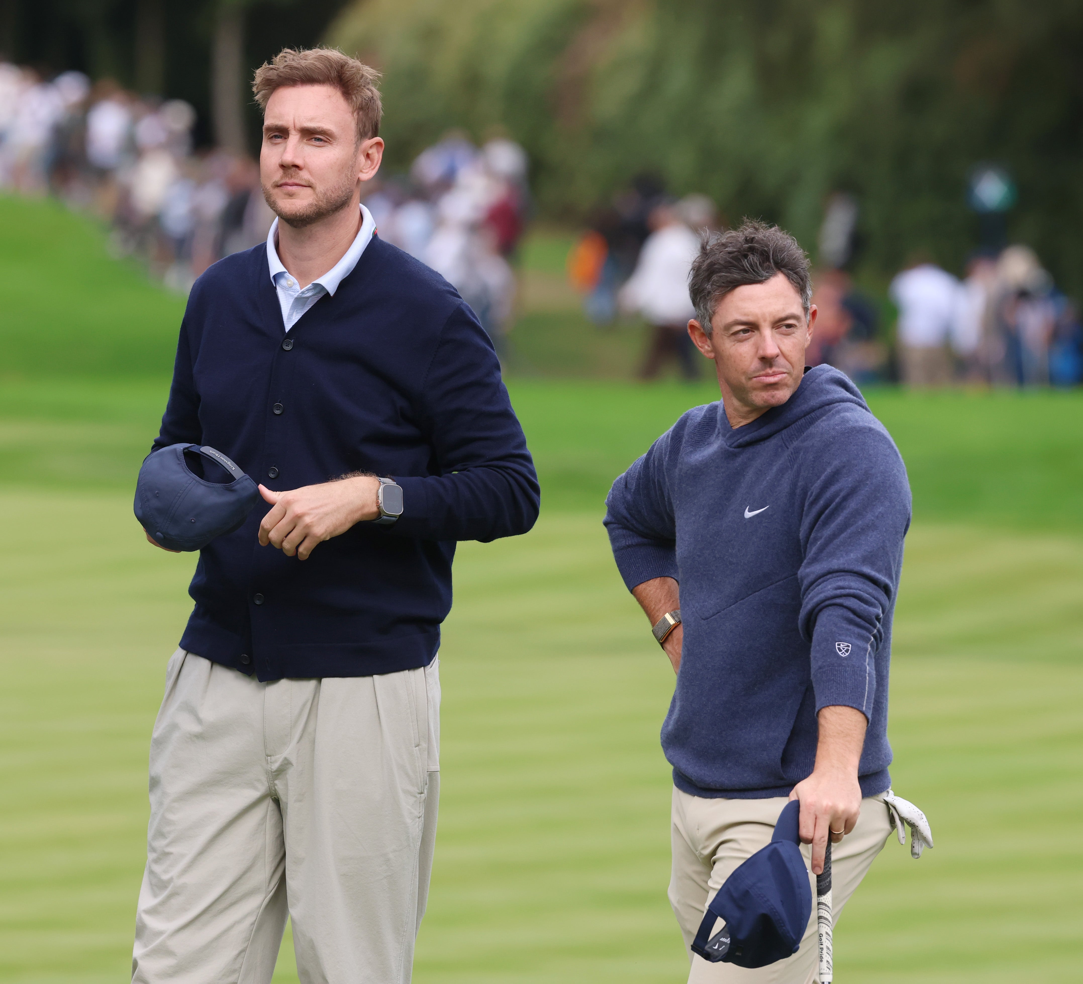 Stuart Broad and Rory McIlroy of Northern Ireland look on during the Pro-Am prior to the BMW PGA Championship at Wentworth Golf Club (Getty)