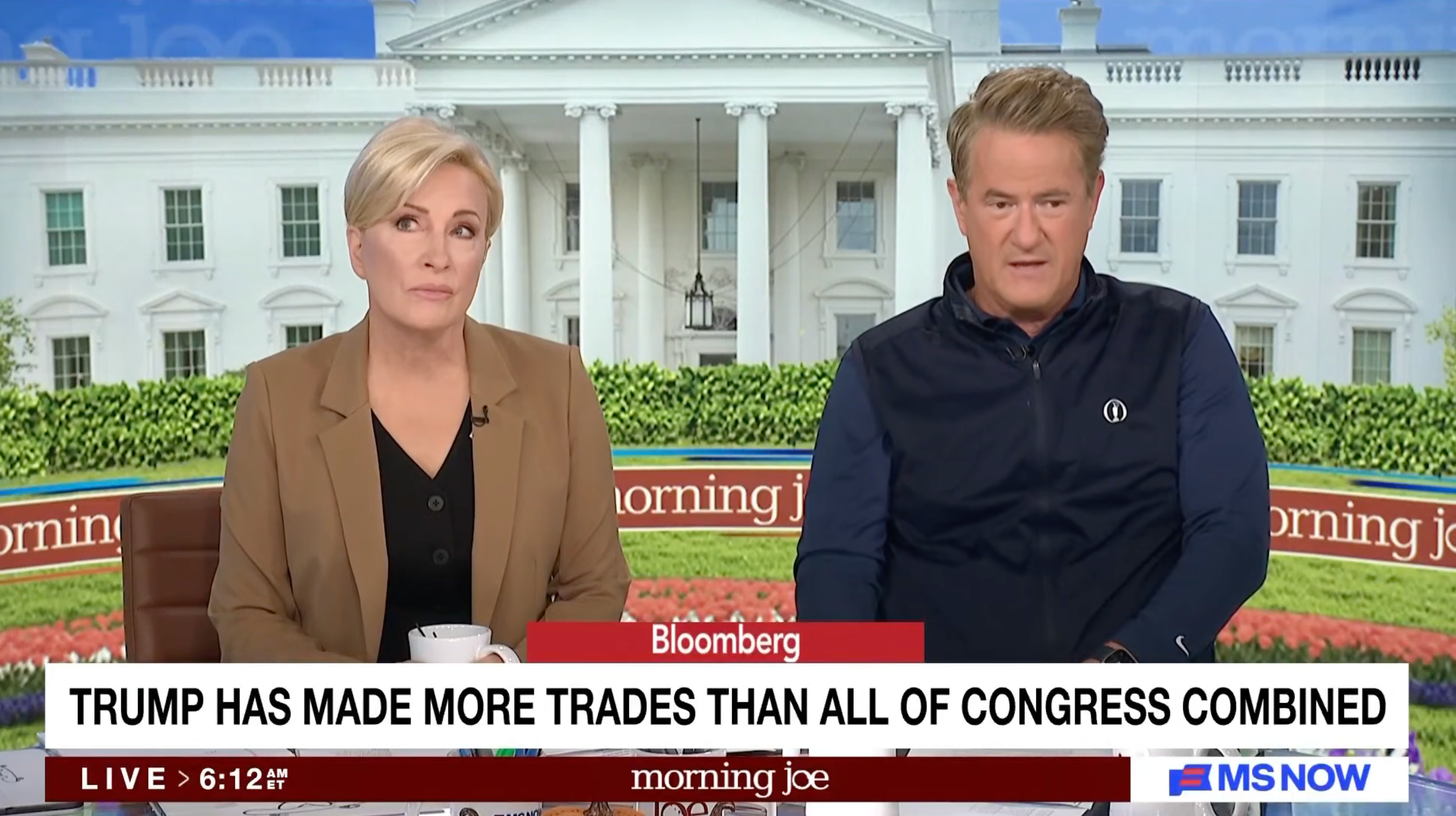 Joe Scarborough (right) noted that Trump’s trading activity and reported earnings could become a political liability for Republicans in the midterm elections, particularly as many Americans are struggling with the ongoing high cost-of-living