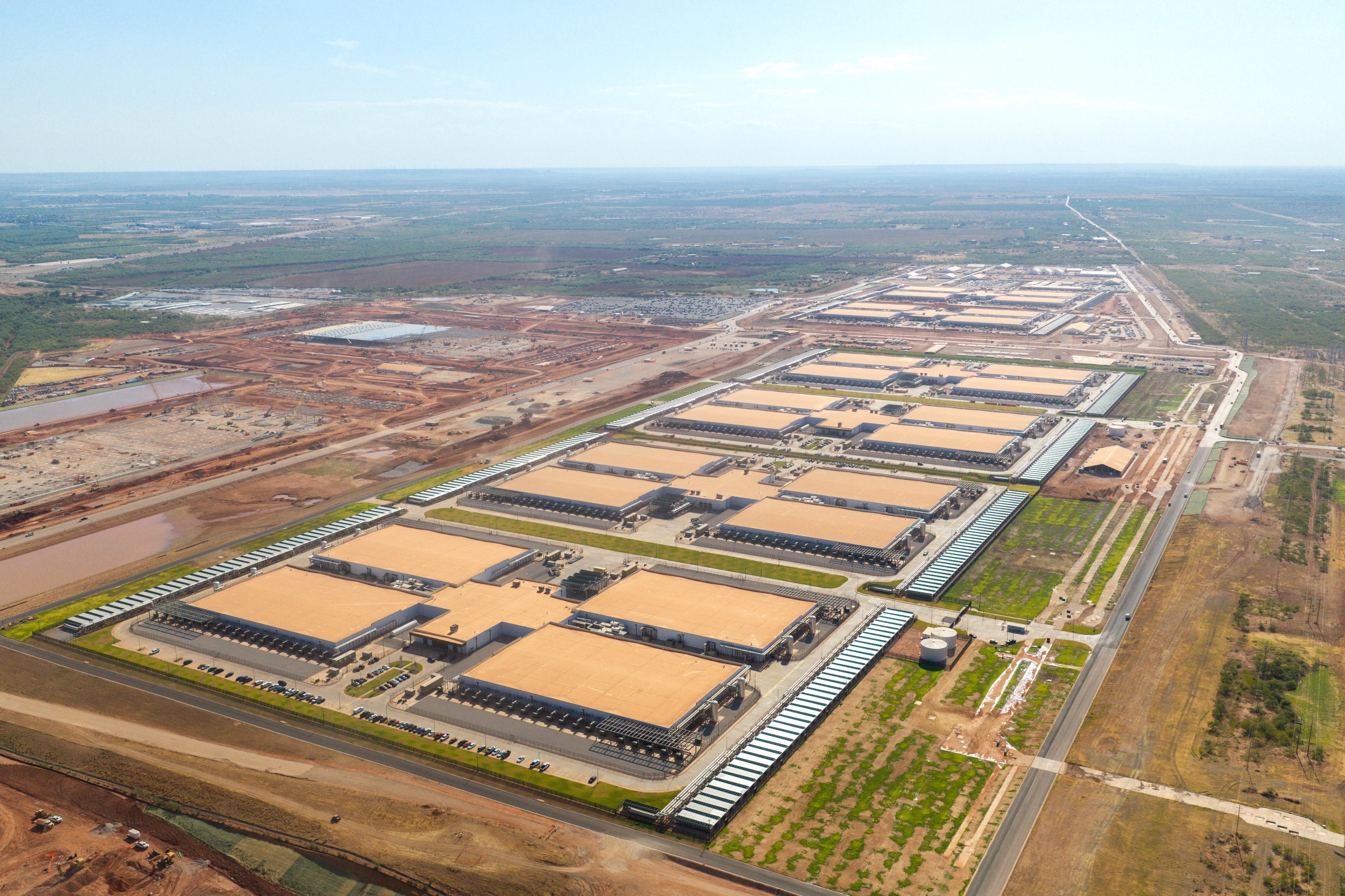 An aerial view of the Stargate Oracle AI data center campus in Abilene, Texas, spanning roughly 4 million square feet