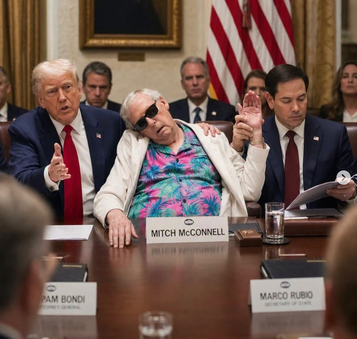 An AI-generated image posted by Instagram user dxfilms depicts McConnell wearing sunglasses and a Hawaiian shirt, accompanied by President Donald Trump and Secretary of State Marco Rubio