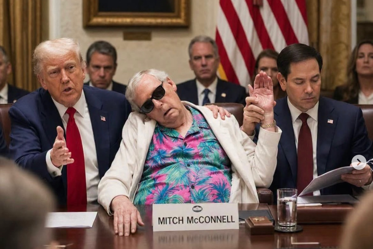 An AI-generated image posted by Instagram user dxfilms depicts McConnell wearing sunglasses and a Hawaiian shirt, accompanied by President Donald Trump and Secretary of State Marco Rubio (dxfilms/Instagram)
