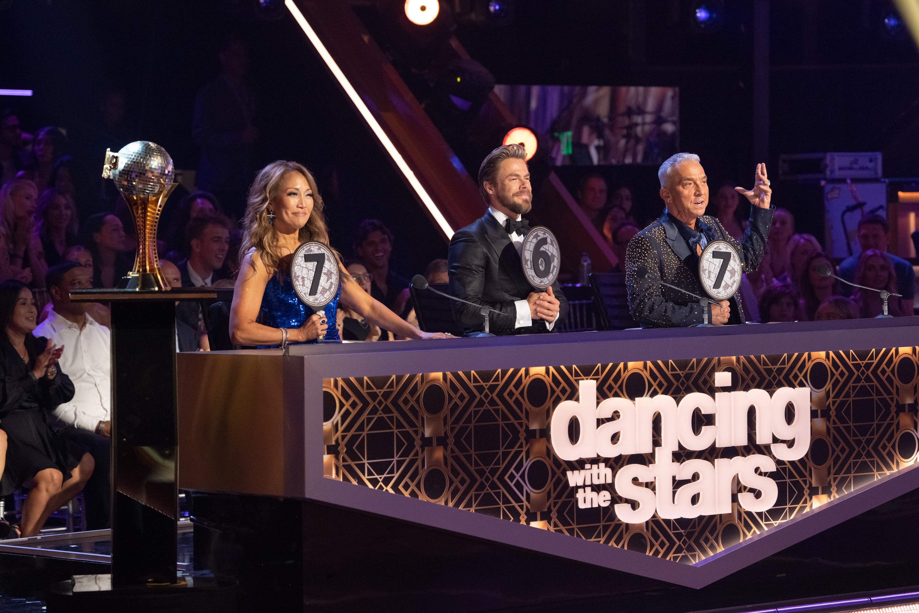 Carrie Ann Inaba, Derek Hough, and Bruno Tonioli award scores during the first night of the ‘DWTS’ Season 35 premiere