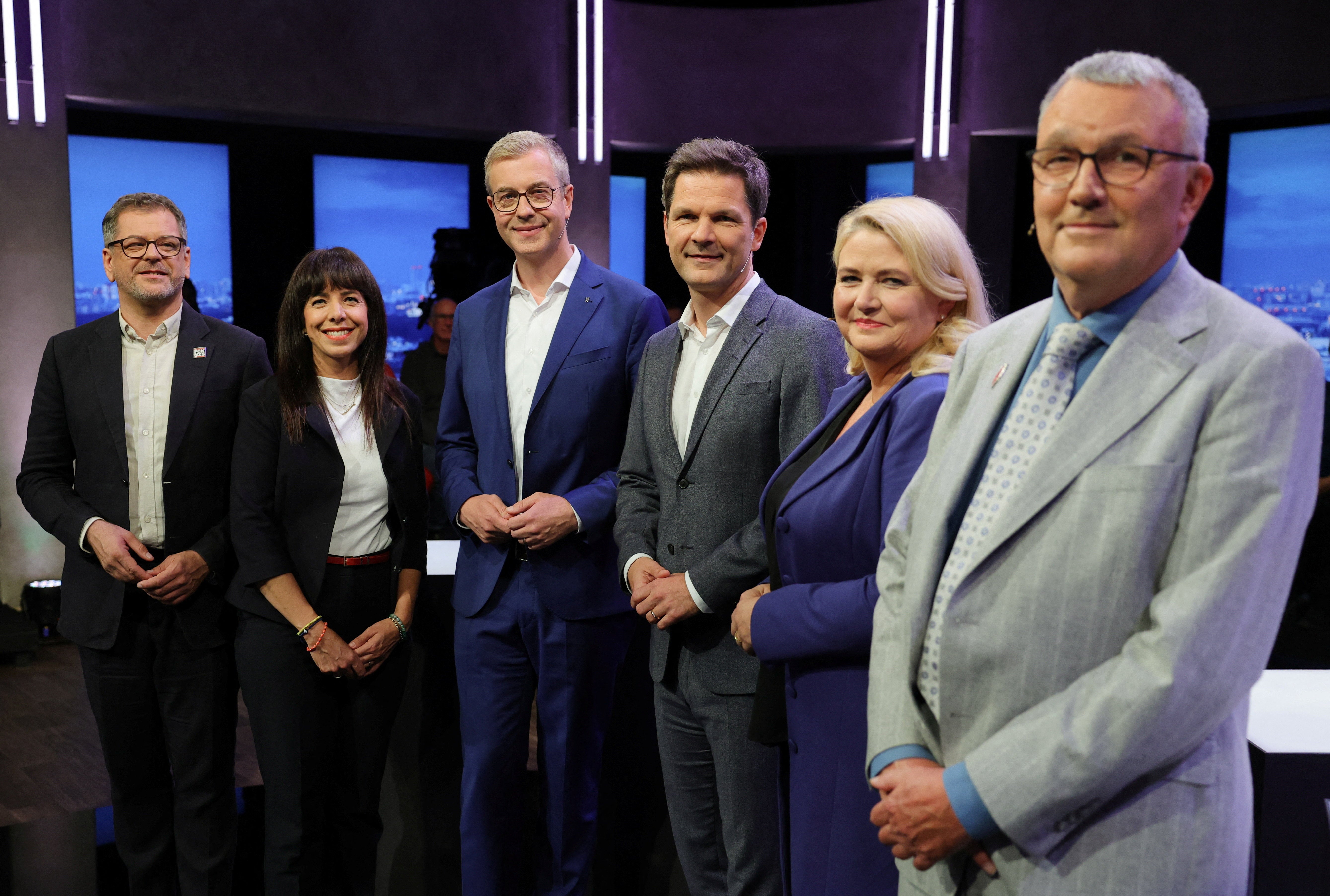 The parties' top candidates took part in a TV debate ahead of the Berlin state election
R-L: Werner Graf of the Greens party, Elif Eralp of the left-wing party Die Linke (the Left), Stefan Evers of the Christian Democratic Union (CDU), Steffen Krach of the Social Democratic Party (SPD), Kristin Brinker of the far-right Alternative for Germany (AfD), and Michael Lueders of the Sahra Wagenknecht Alliance party (BSW)