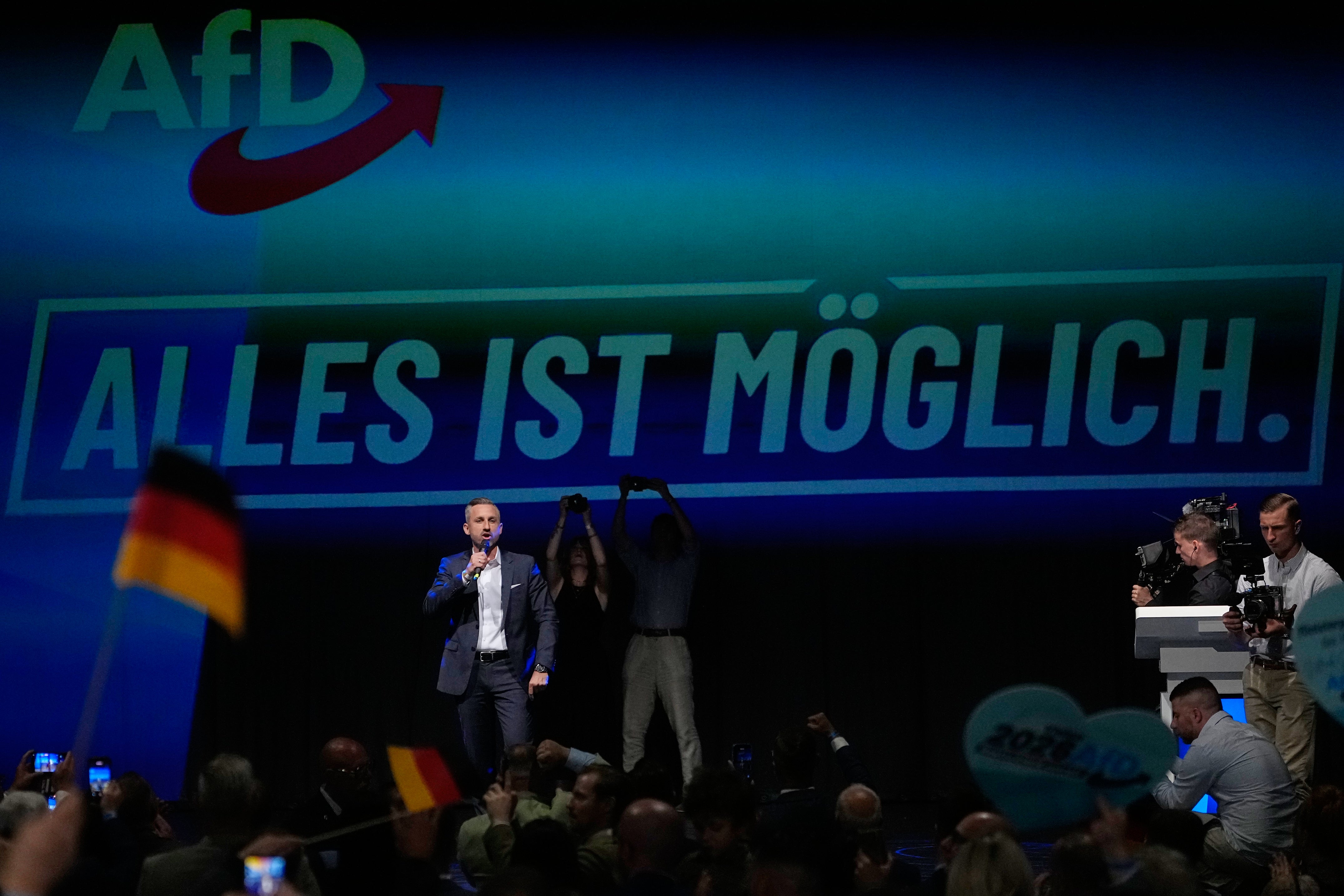 The AfD’s Ulrich Siegmund on stage after the Saxony-Anhalt state elections in Magdeburg