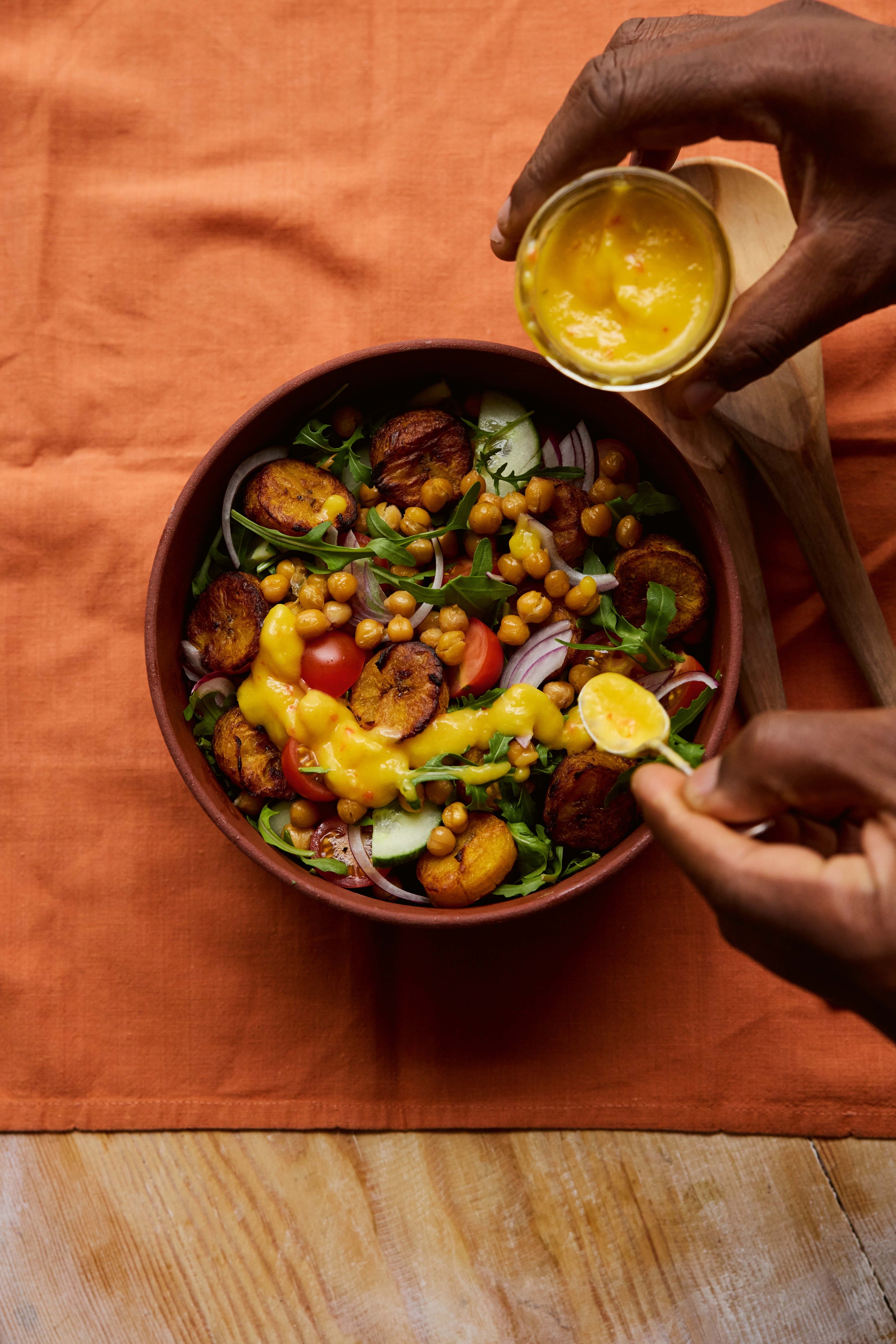 Roasted plantain and chickpea salad with a sharp mango-lime dressing