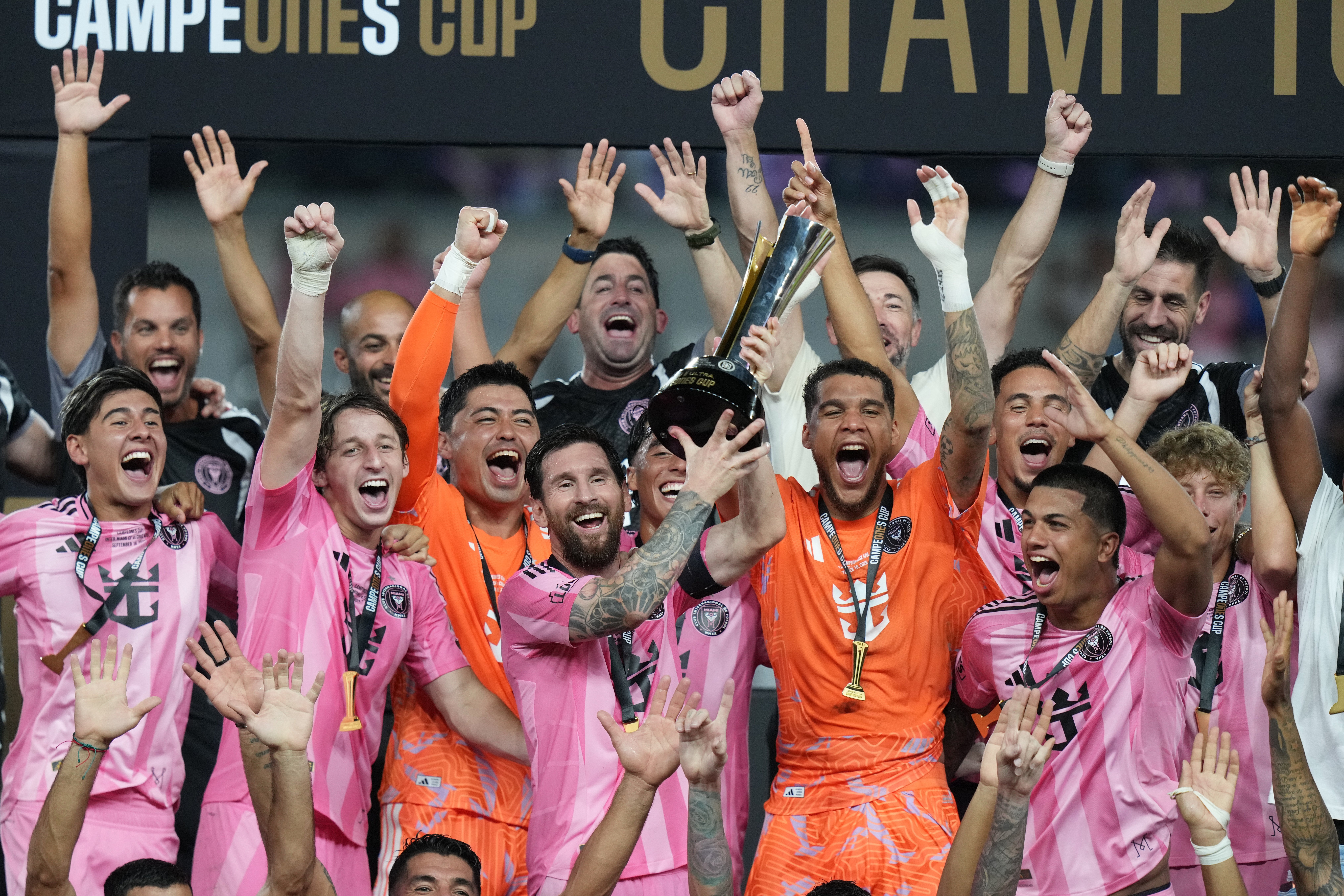 Lionel Messi celebrates winning the Copa Campeones with Inter Miami