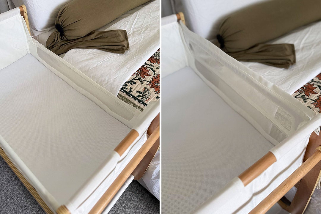 The side of the cot can be zipped up or down to give you easy access to the baby (Sarah Jones/The Independent)
