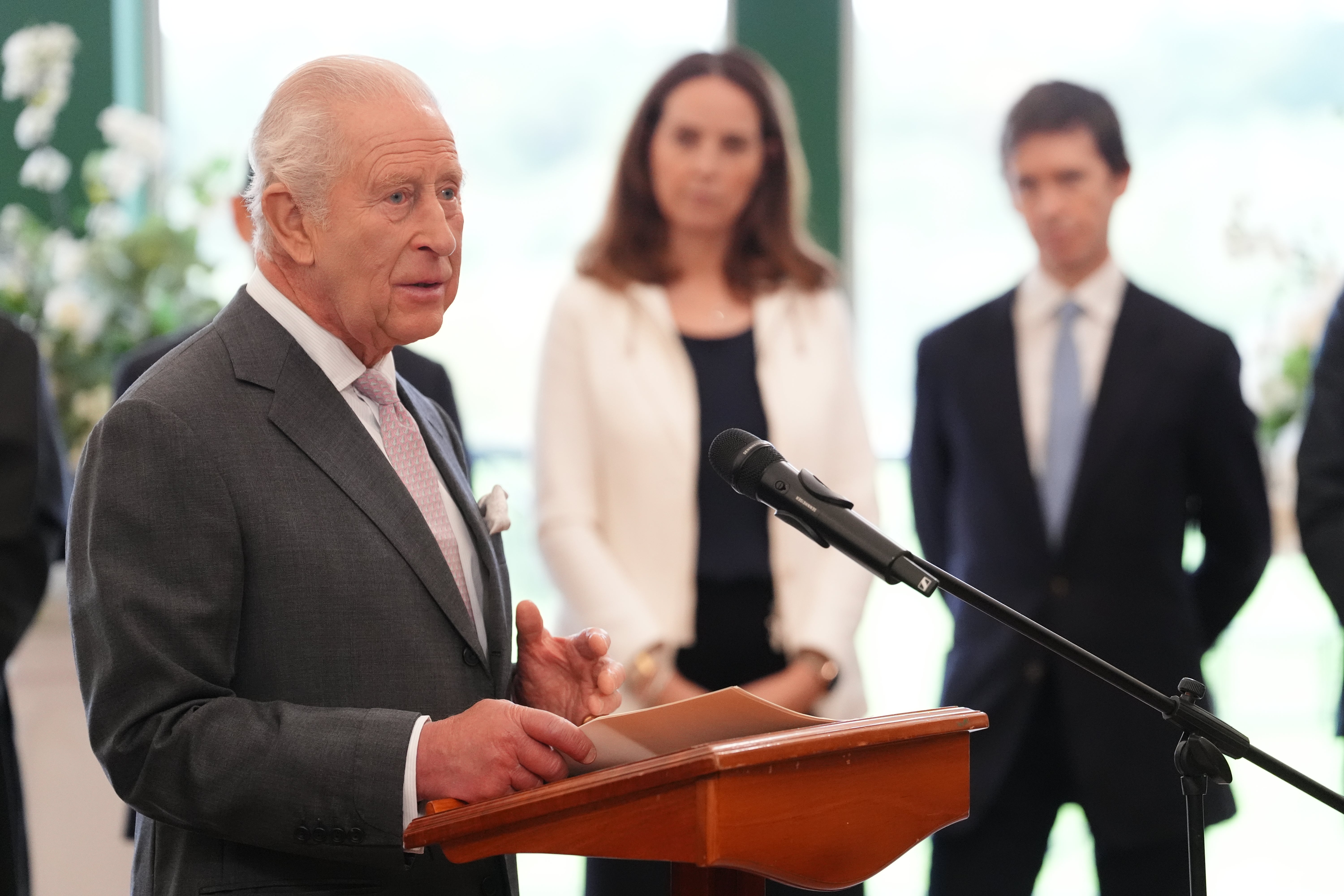 Charles gives a speech during a meeting for leaders from the artificial intelligence sector