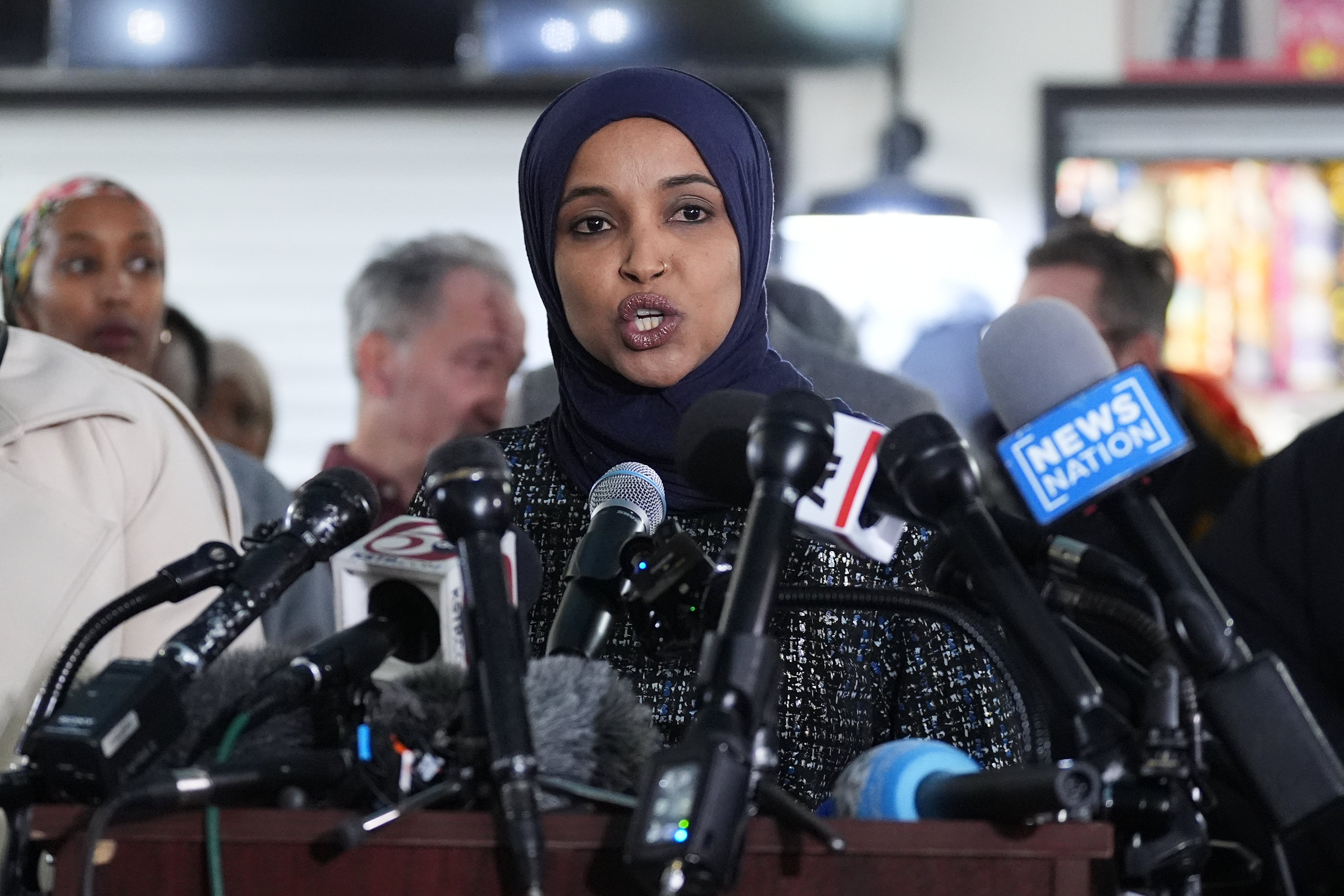 Rep. Ilhan Omar, D-Minn., at a news conference a day after the attack (AP Photo/Adam Gray)
