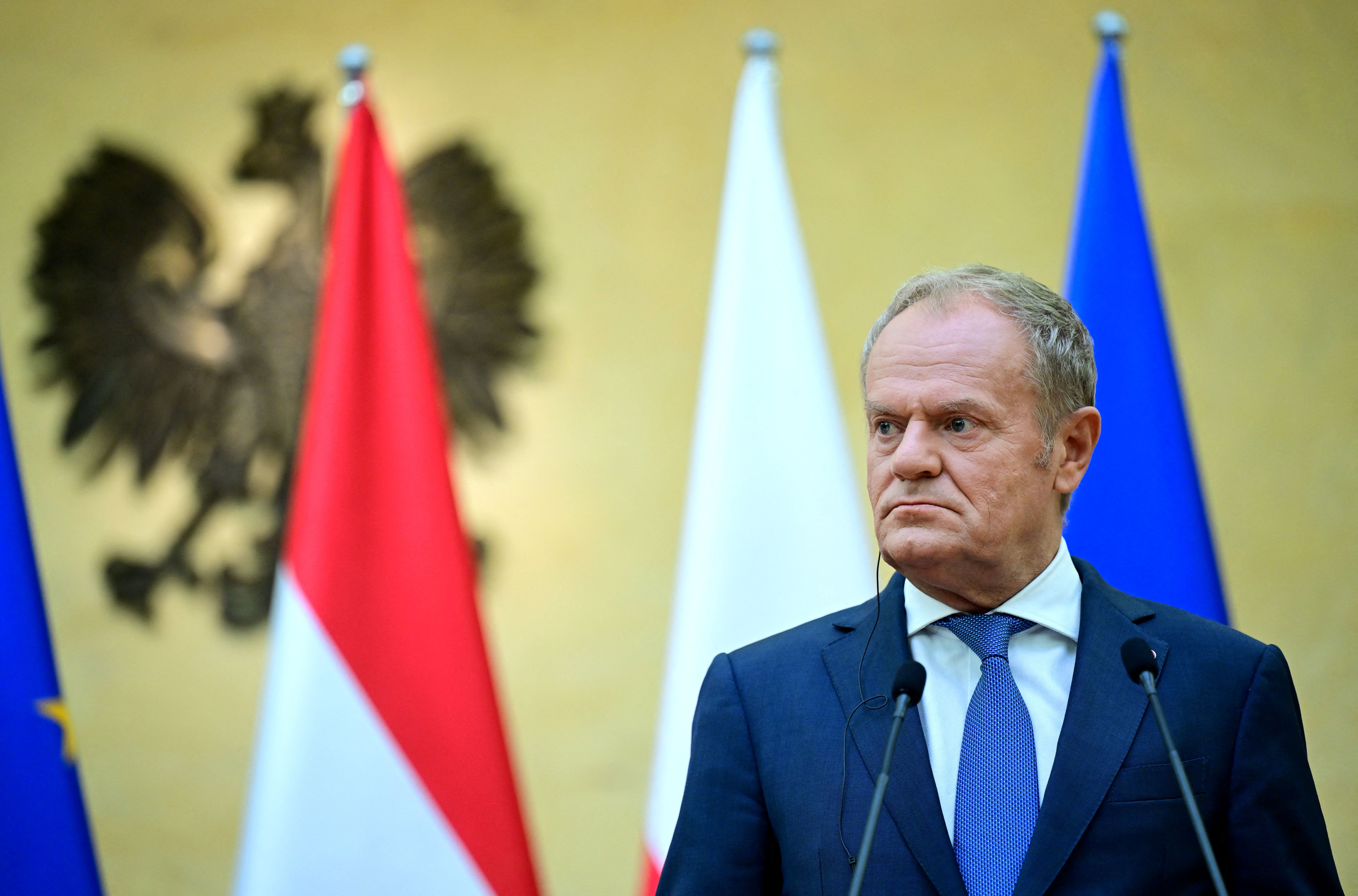 Polish prime minister Donald Tusk looks on during a joint press conference with the Austrian Chancellor in Warsaw on 17 September 2026 (AFP/Getty)