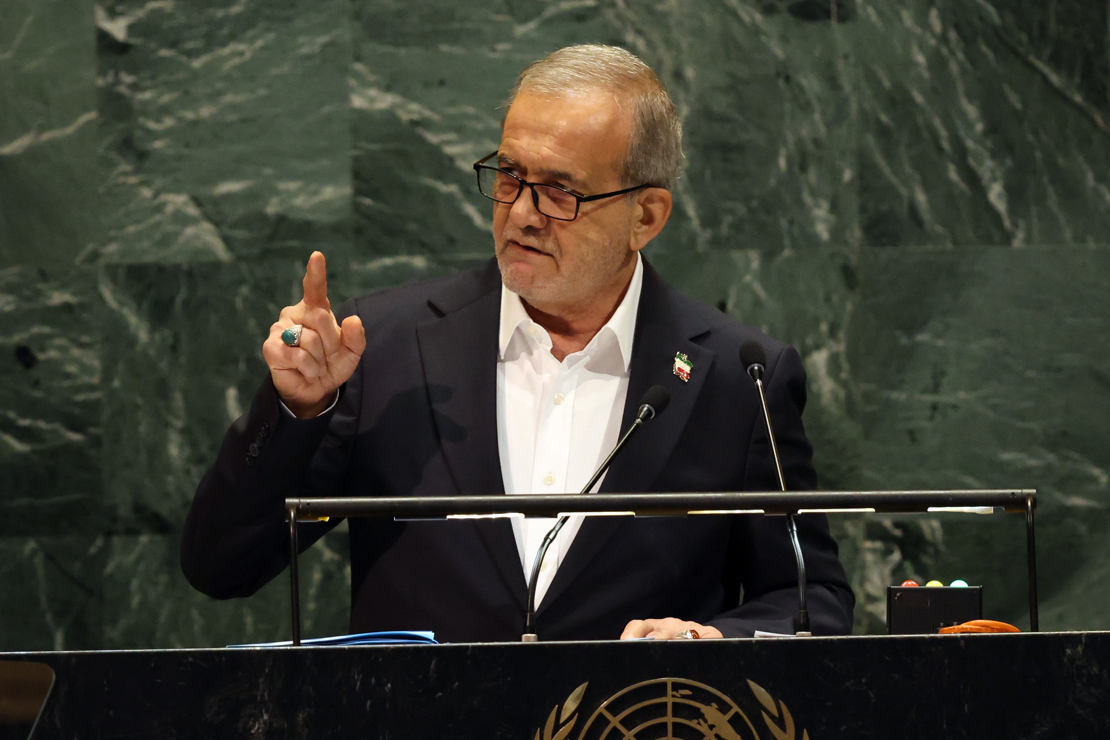 President of Iran Masoud Pezeshkian addresses the United Nations (UN) General Assembly during the 80th session of the annual event on September 24, 2025, in New York City