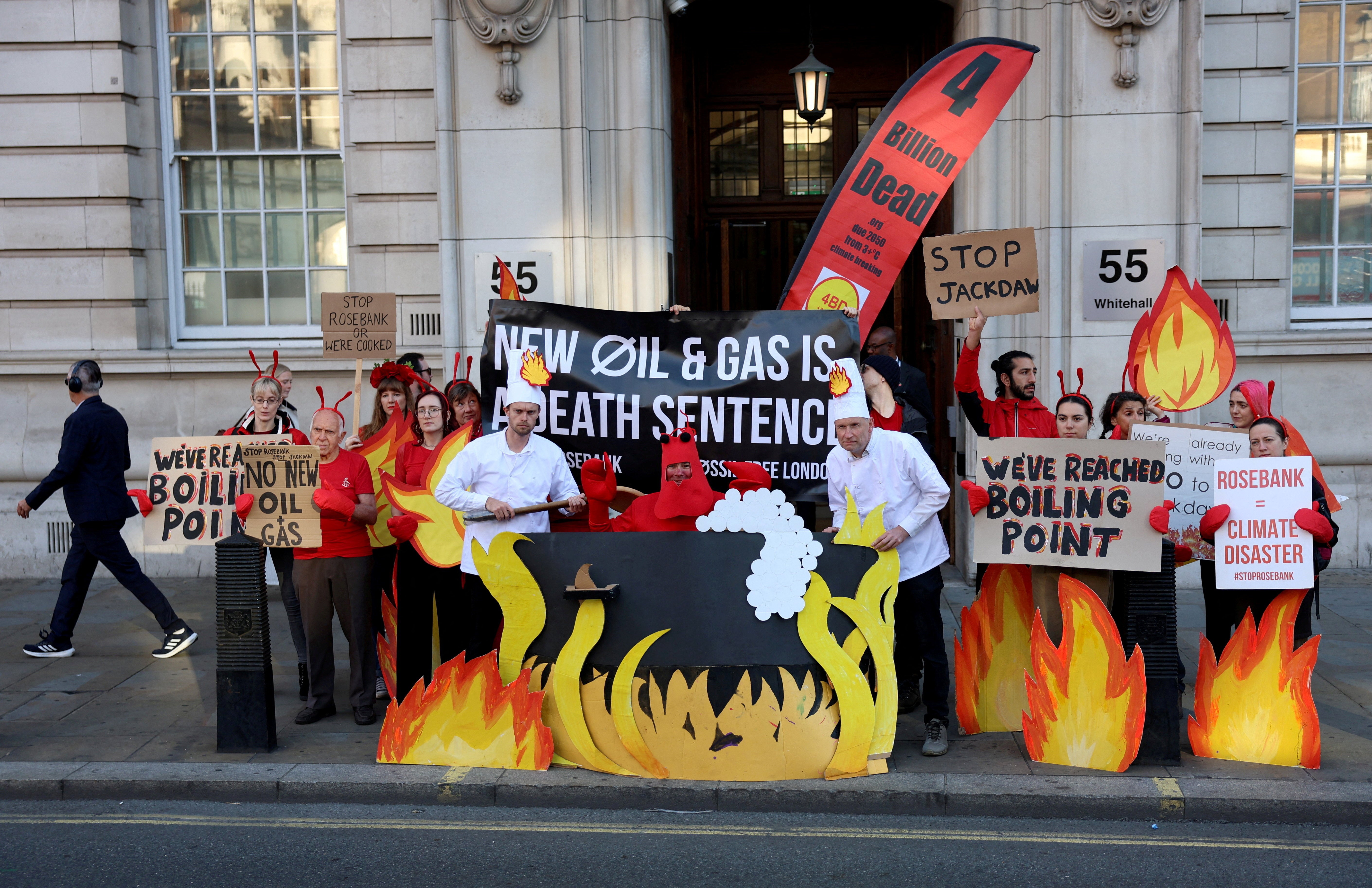 Fossil Free London activists protest outside the Department for Energy Security And Net Zero on Thursday as the Britain's Government faces growing pressure not to approve new North Sea oil and gas